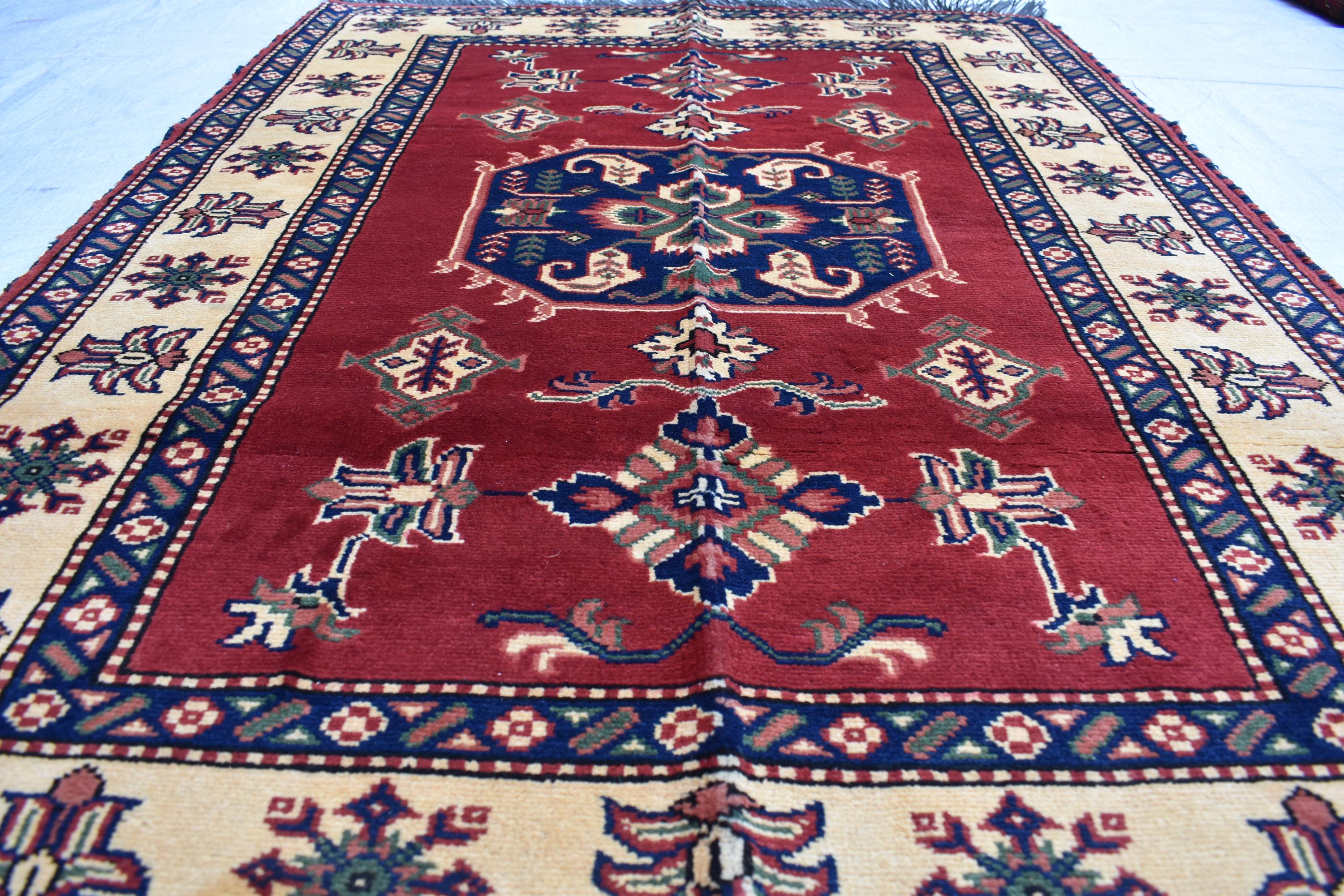 Vintage Karqai Carpet 4.10x3.10 ft: Handwoven Afghan Rug with Traditional Patterns – Authentic Wool Carpet, Collectible Rug