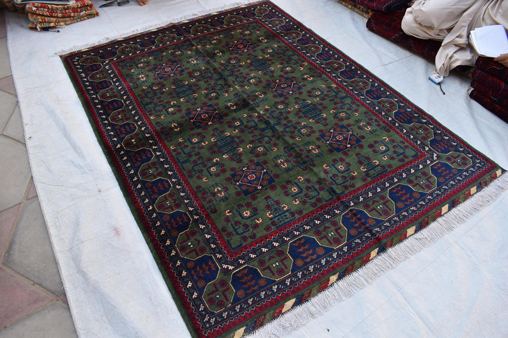 6.10x5.11 ft Green and Purple Handmade Afghan Bukhara Khamyab Rug Traditional Wool Carpet | Rugs For Living Room | Unique Oriental Area Rug