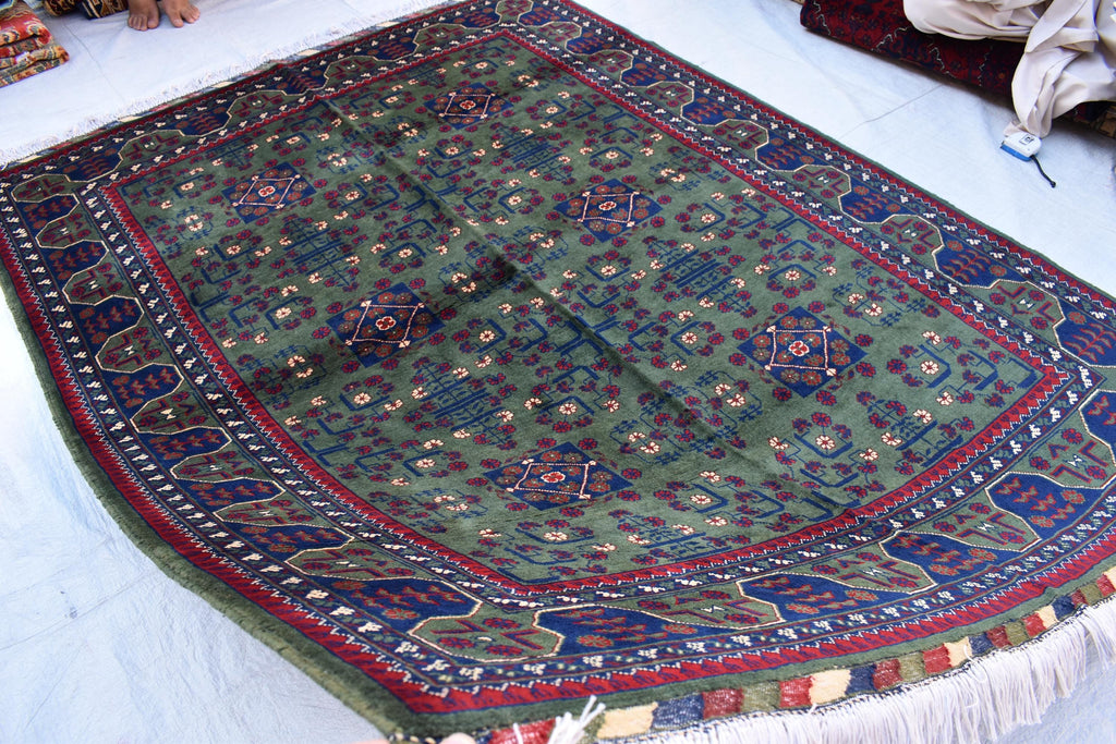 6.10x5.11 ft Green and Purple Handmade Afghan Bukhara Khamyab Rug Traditional Wool Carpet | Rugs For Living Room | Unique Oriental Area Rug
