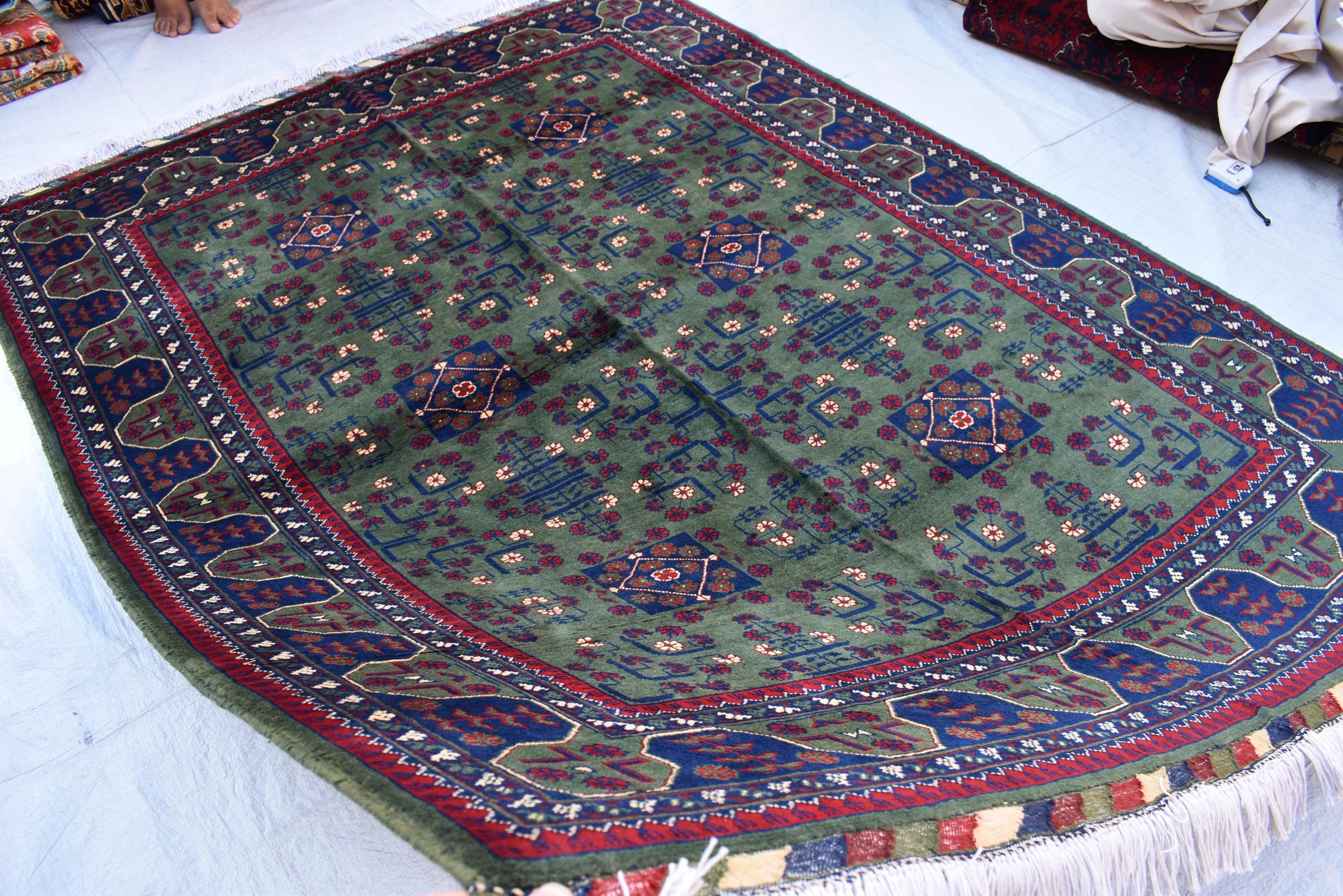 6.10x5.11 ft Green and Purple Handmade Afghan Bukhara Khamyab Rug Traditional Wool Carpet | Rugs For Living Room | Unique Oriental Area Rug