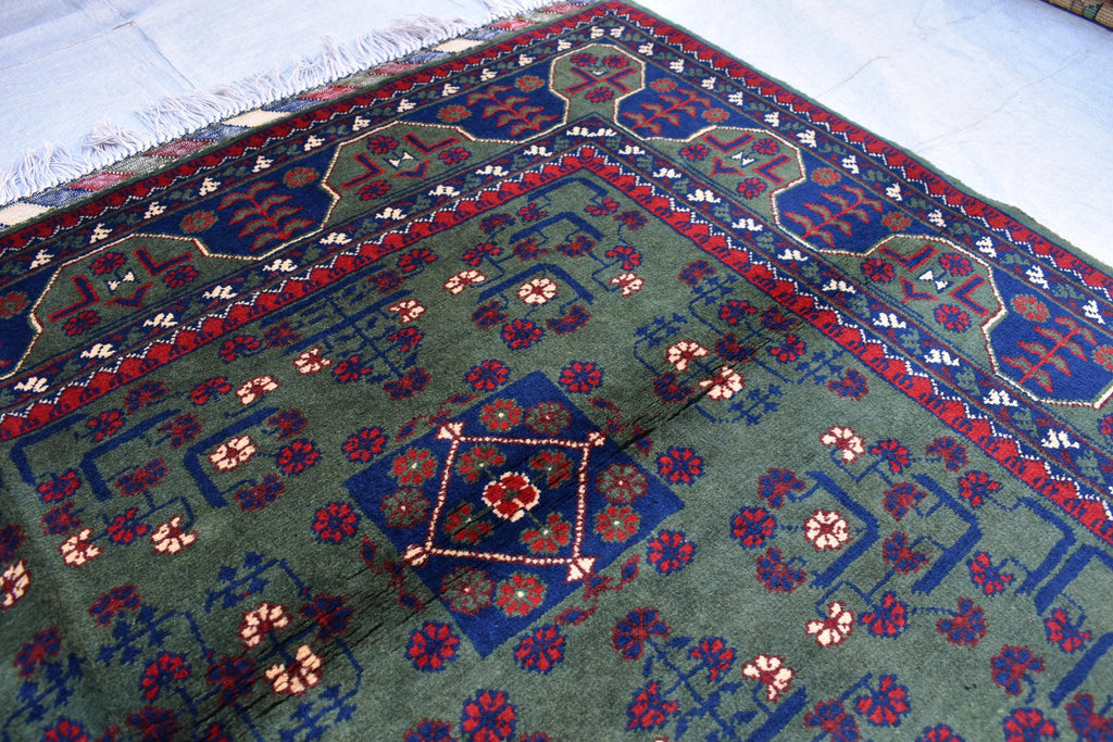6.10x5.11 ft Green and Purple Handmade Afghan Bukhara Khamyab Rug Traditional Wool Carpet | Rugs For Living Room | Unique Oriental Area Rug