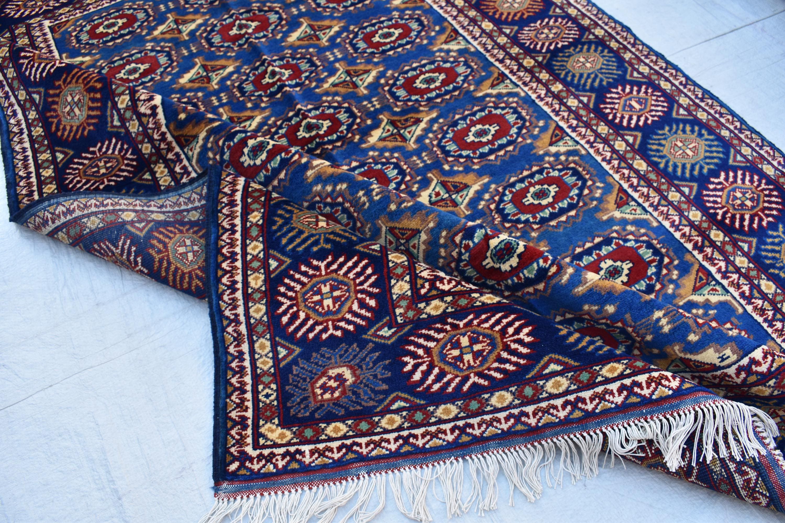 Afghan Handmade Carpet 6.5x4.9 ft – Rich Blue and Red Tribal Design Wool Rugs for Dining room, Living room, Office and Farmhouse Rug