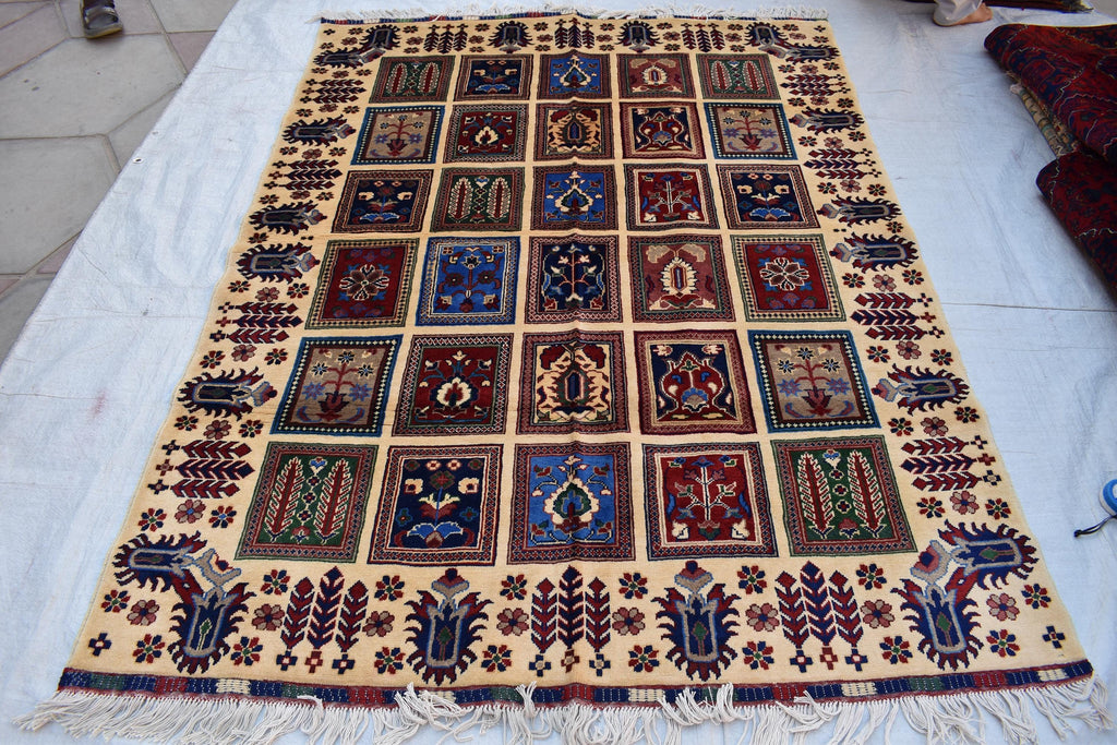 Handmade Afghan Carpet 6.8x4.11 ft – Unique Square Pattern Wool Rug, Colorful Traditional Design for Living room, Bedroom room and Office.