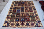 Handmade Afghan Carpet 6.8x4.11 ft – Unique Square Pattern Wool Rug, Colorful Traditional Design for Living room, Bedroom room and Office.