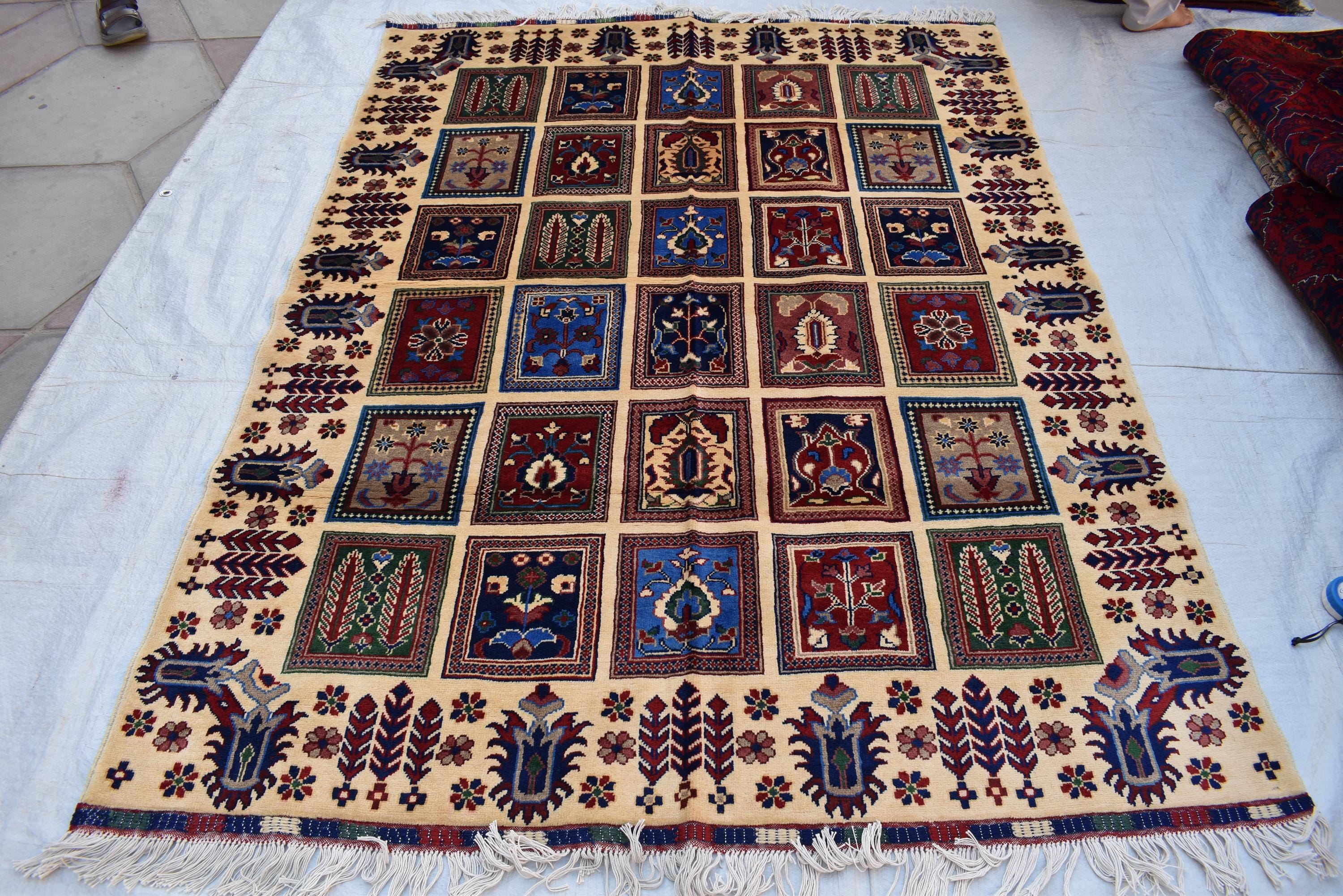 Handmade Afghan Carpet 6.8x4.11 ft – Unique Square Pattern Wool Rug, Colorful Traditional Design for Living room, Bedroom room and Office.