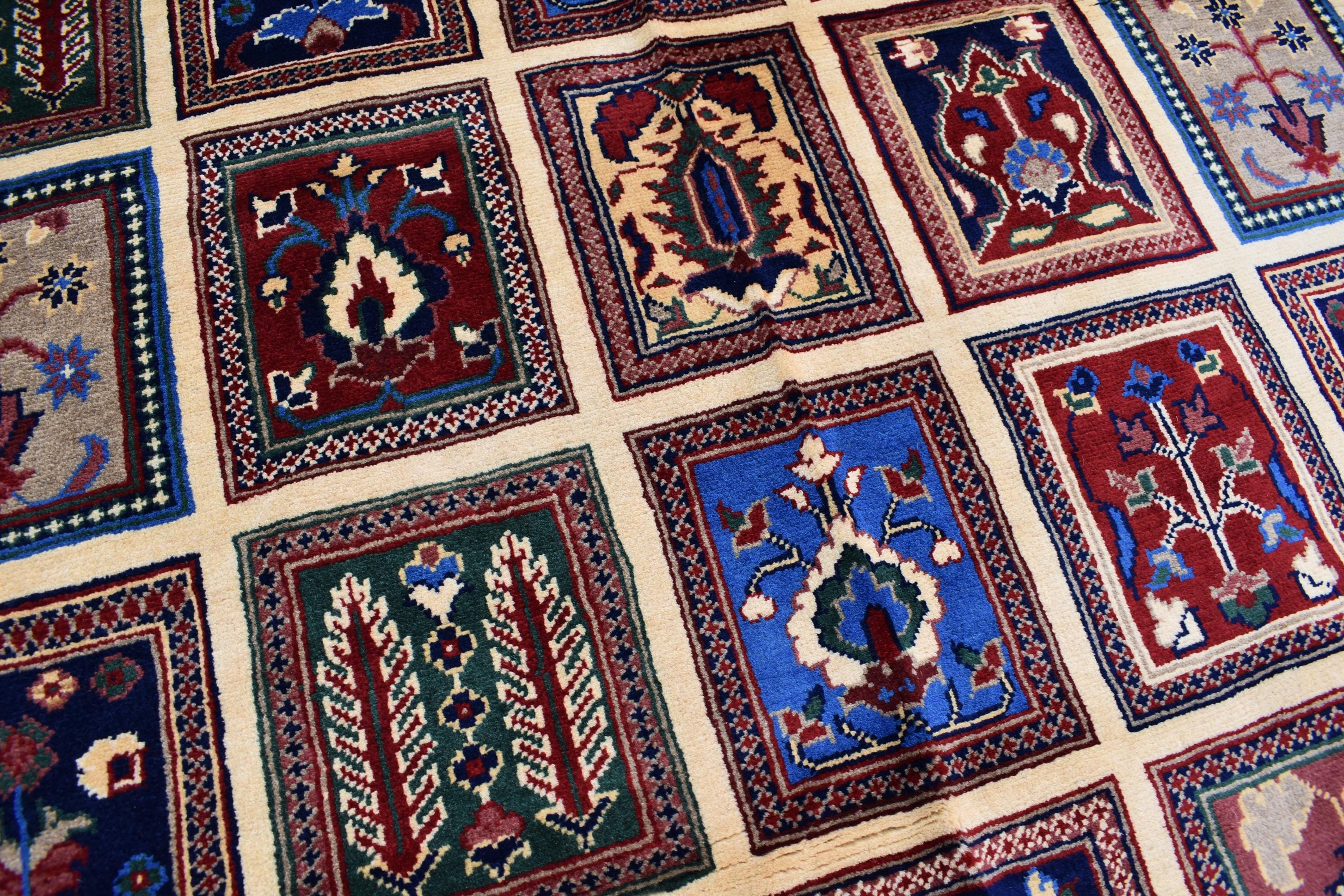 Handmade Afghan Carpet 6.8x4.11 ft – Unique Square Pattern Wool Rug, Colorful Traditional Design for Living room, Bedroom room and Office.