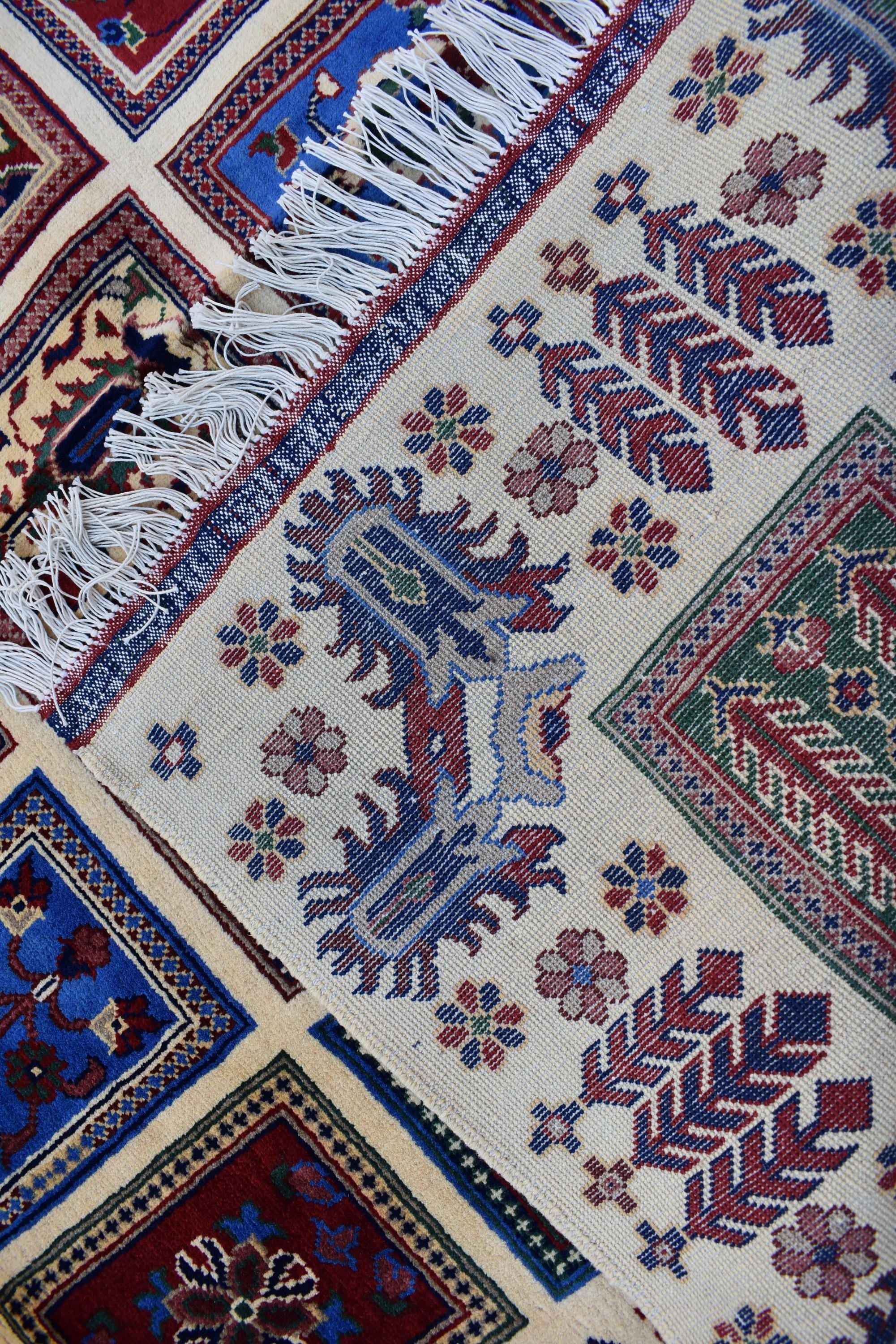 Handmade Afghan Carpet 6.8x4.11 ft – Unique Square Pattern Wool Rug, Colorful Traditional Design for Living room, Bedroom room and Office.
