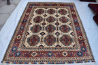 Baluchi design Handmade Afghan Carpet 6.7x5.2 ft – Vintage Tribal Wool Rug, Cream and Red Traditional Design for living room and office