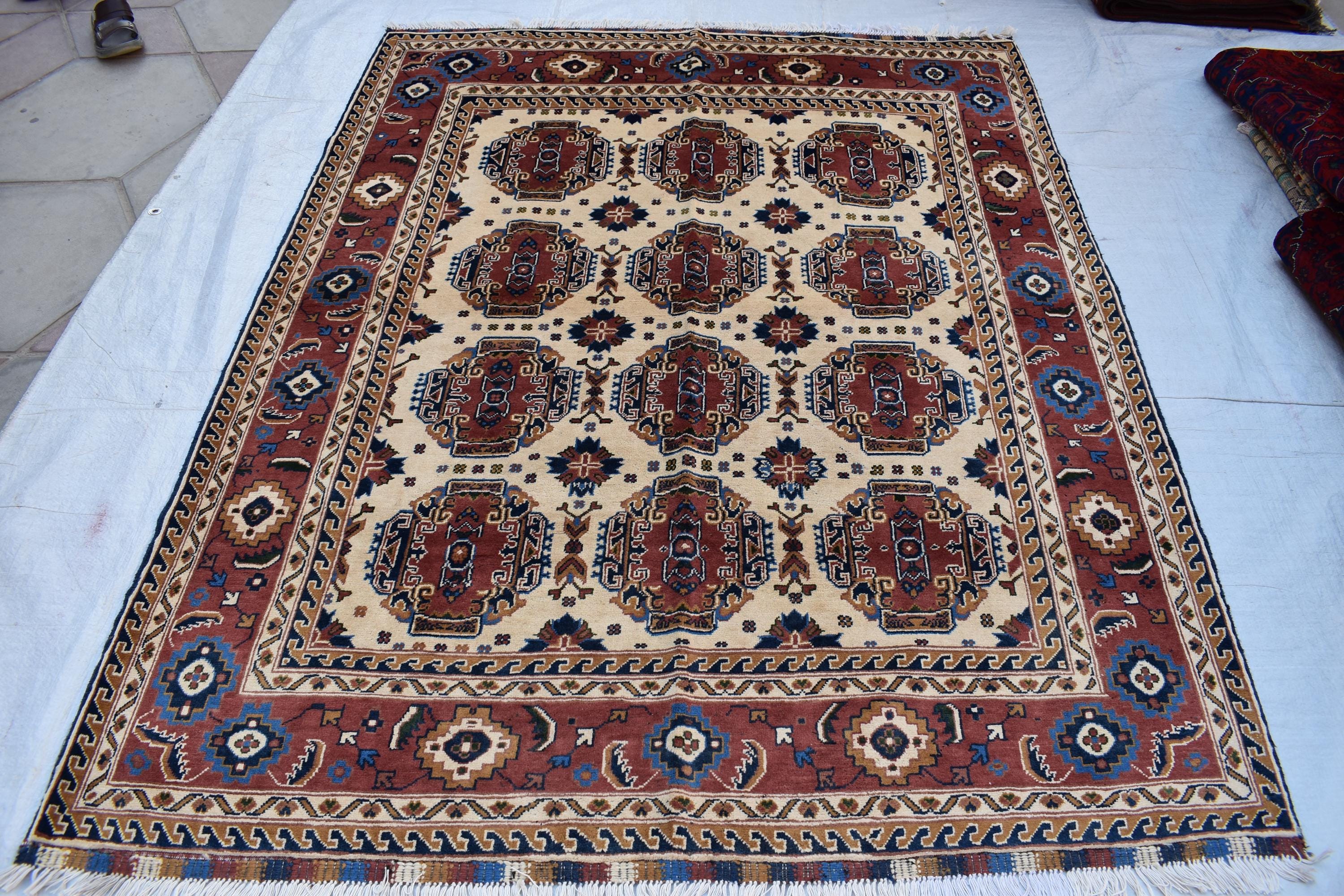 Baluchi design Handmade Afghan Carpet 6.7x5.2 ft – Vintage Tribal Wool Rug, Cream and Red Traditional Design for living room and office
