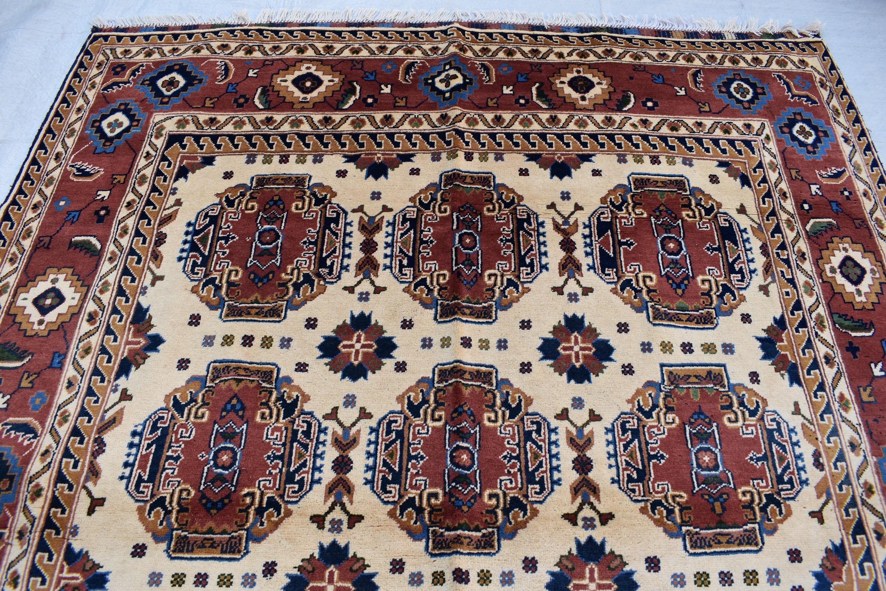Baluchi design Handmade Afghan Carpet 6.7x5.2 ft – Vintage Tribal Wool Rug, Cream and Red Traditional Design for living room and office