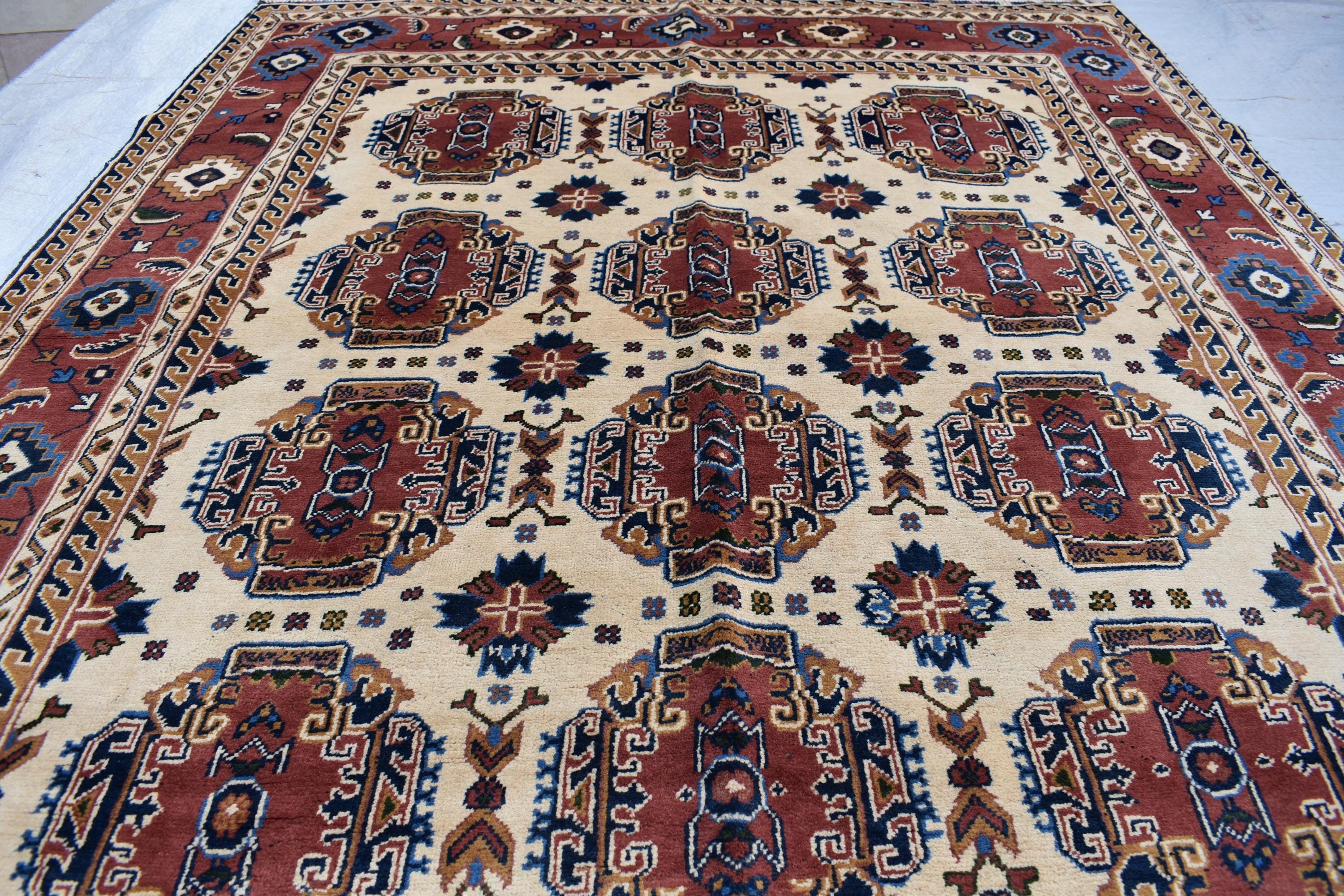 Baluchi design Handmade Afghan Carpet 6.7x5.2 ft – Vintage Tribal Wool Rug, Cream and Red Traditional Design for living room and office