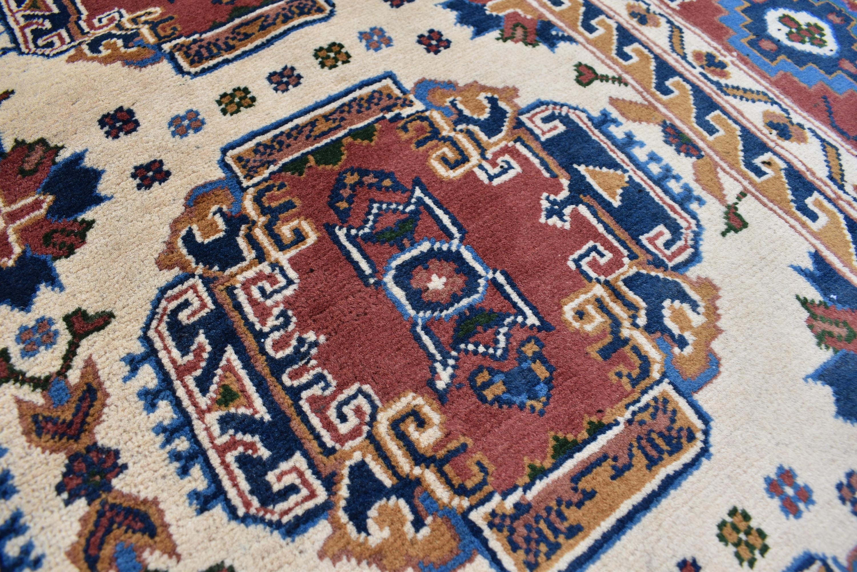 Baluchi design Handmade Afghan Carpet 6.7x5.2 ft – Vintage Tribal Wool Rug, Cream and Red Traditional Design for living room and office