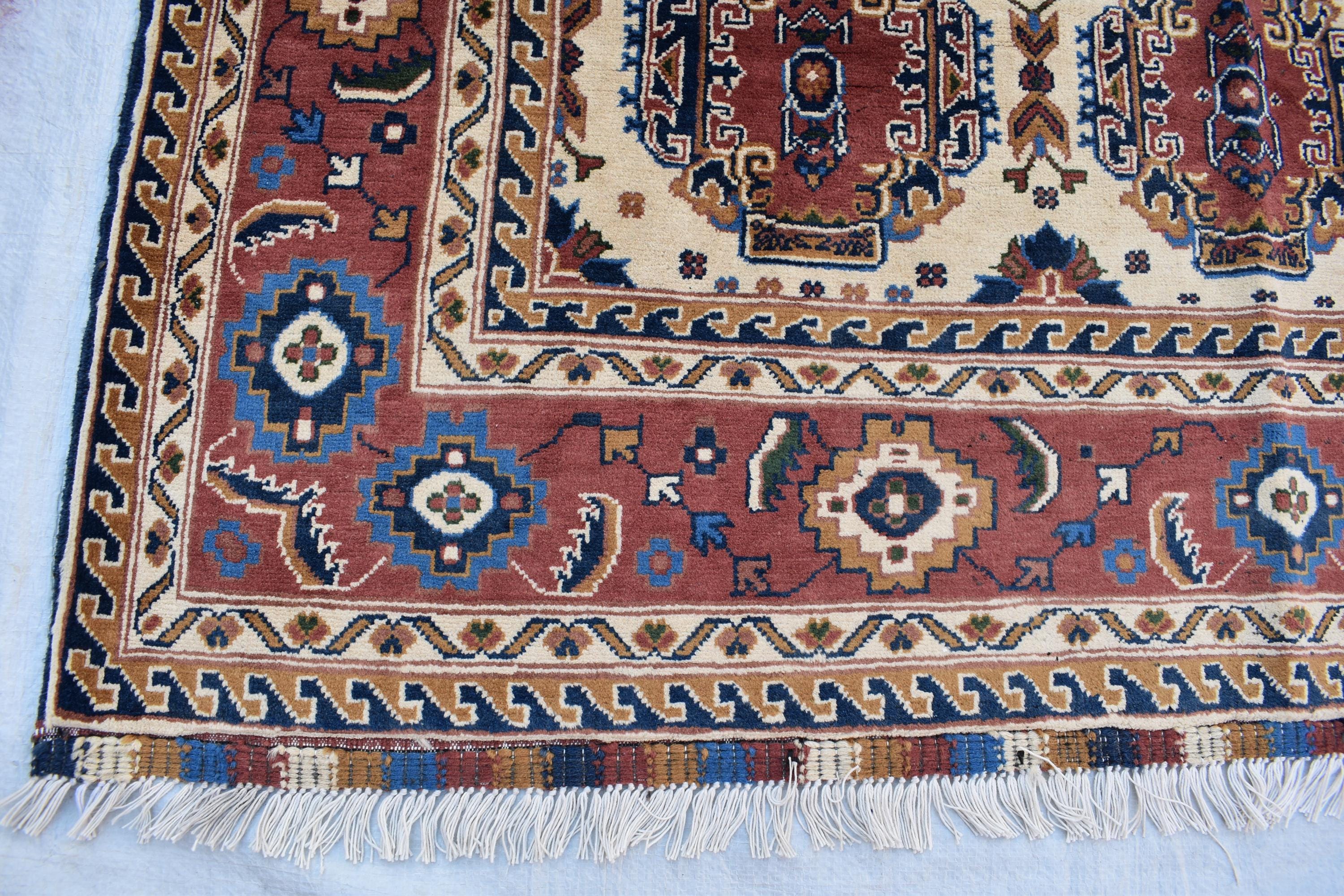 Baluchi design Handmade Afghan Carpet 6.7x5.2 ft – Vintage Tribal Wool Rug, Cream and Red Traditional Design for living room and office