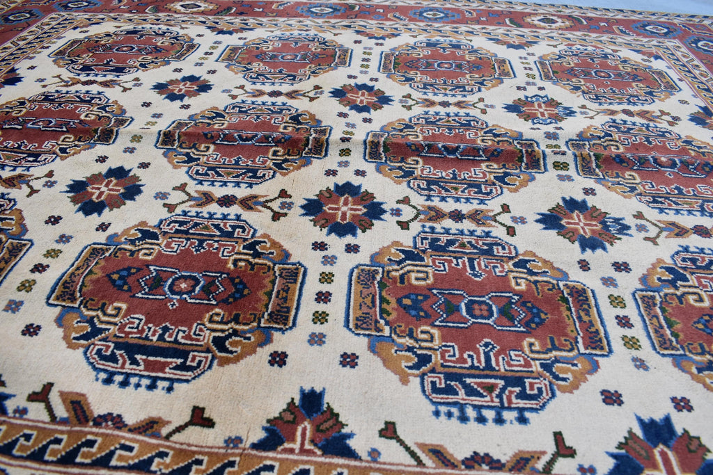 Baluchi design Handmade Afghan Carpet 6.7x5.2 ft – Vintage Tribal Wool Rug, Cream and Red Traditional Design for living room and office