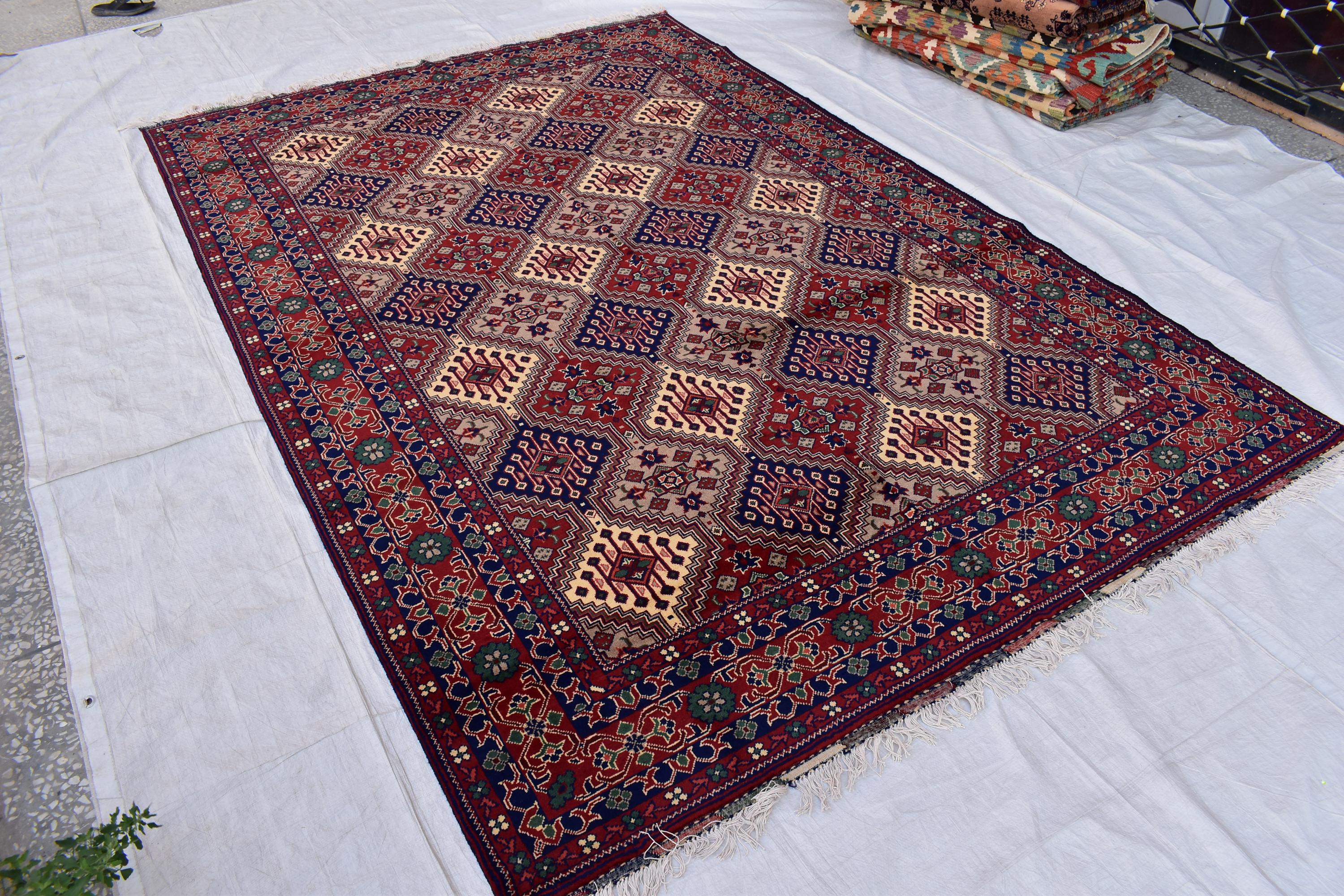 Handmade Afghan Geometric Wool Carpet - Traditional Tribal Design - 10.1x6.8 ft - Red, Blue & beige Wool Rug - Living Room Decor
