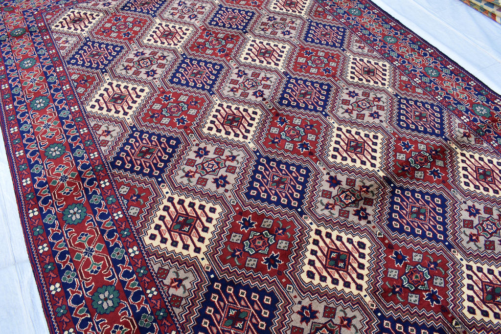 Handmade Afghan Geometric Wool Carpet - Traditional Tribal Design - 10.1x6.8 ft - Red, Blue & beige Wool Rug - Living Room Decor