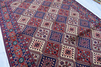 Handmade Afghan Geometric Wool Carpet - Traditional Tribal Design - 10.1x6.8 ft - Red, Blue & beige Wool Rug - Living Room Decor