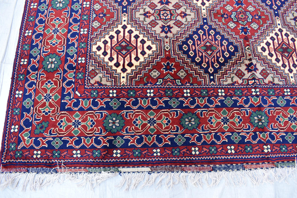Handmade Afghan Geometric Wool Carpet - Traditional Tribal Design - 10.1x6.8 ft - Red, Blue & beige Wool Rug - Living Room Decor