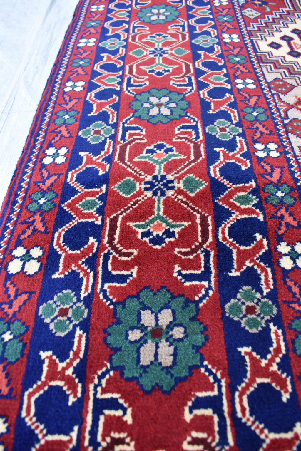 Handmade Afghan Geometric Wool Carpet - Traditional Tribal Design - 10.1x6.8 ft - Red, Blue & beige Wool Rug - Living Room Decor