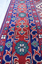 Handmade Afghan Geometric Wool Carpet - Traditional Tribal Design - 10.1x6.8 ft - Red, Blue & beige Wool Rug - Living Room Decor