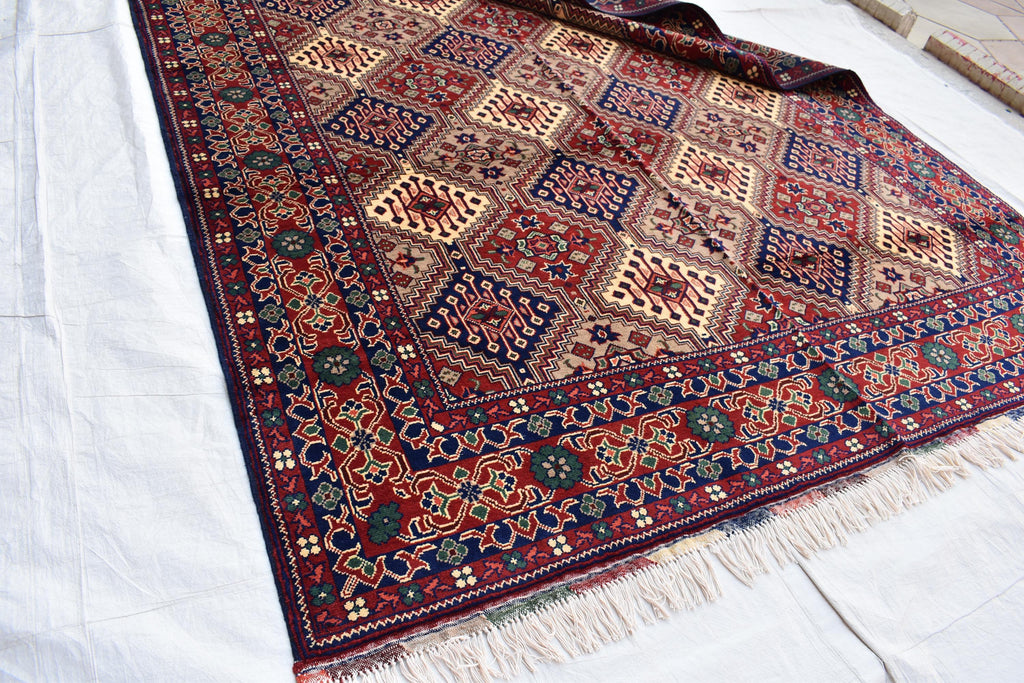 Handmade Afghan Geometric Wool Carpet - Traditional Tribal Design - 10.1x6.8 ft - Red, Blue & beige Wool Rug - Living Room Decor