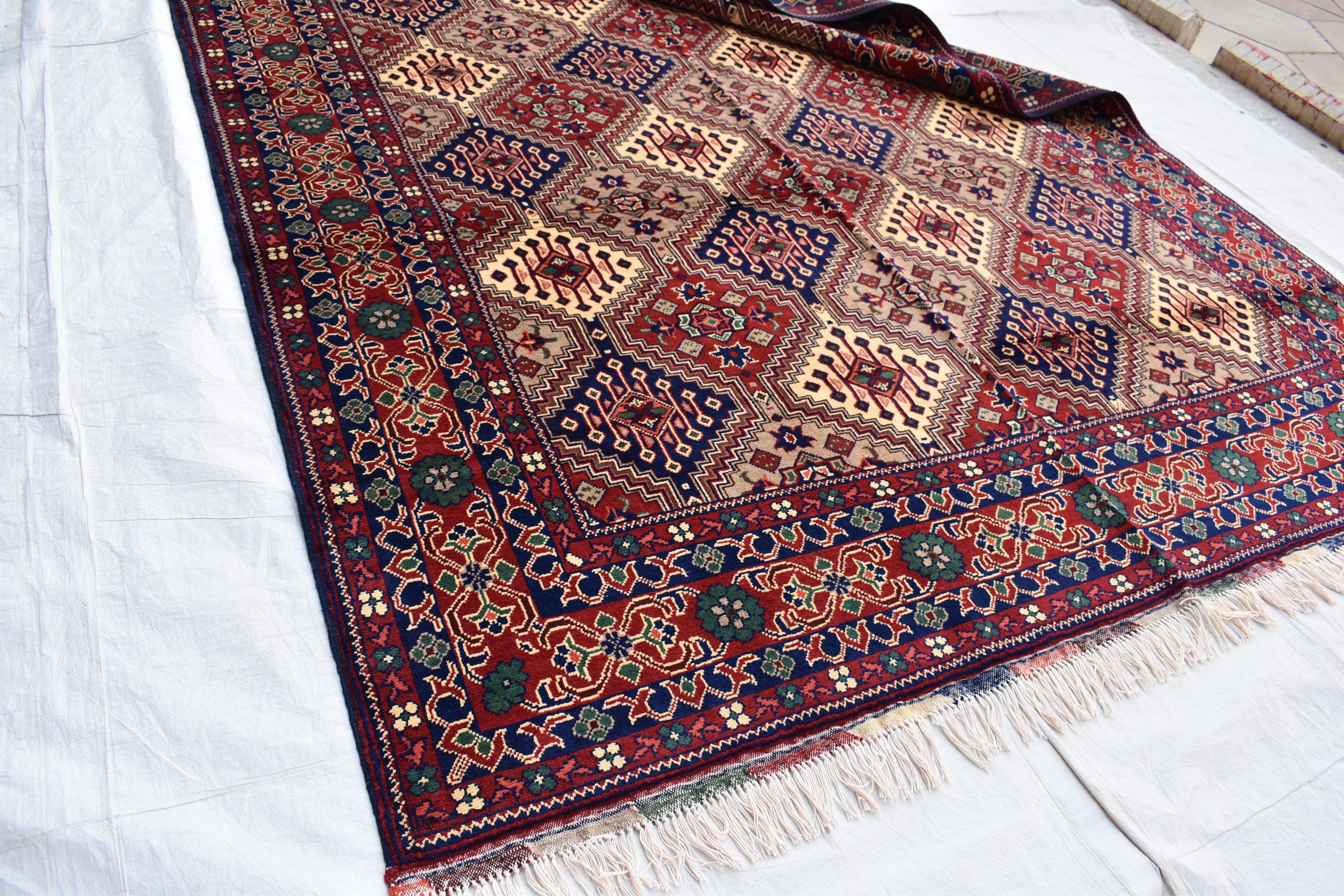 Handmade Afghan Geometric Wool Carpet - Traditional Tribal Design - 10.1x6.8 ft - Red, Blue & beige Wool Rug - Living Room Decor