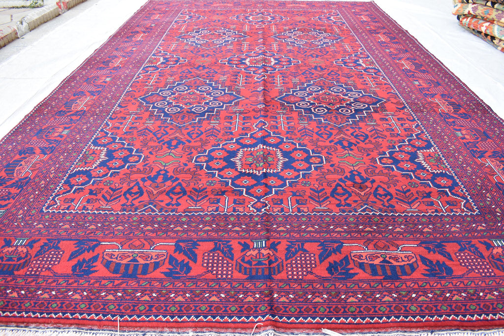 Bukhara Handmade Afghan Wool Rug - Traditional Tribal Geometric Carpet - 10.10x6.8 ft - Red & Blue Oriental Design - Large Living Room Rug