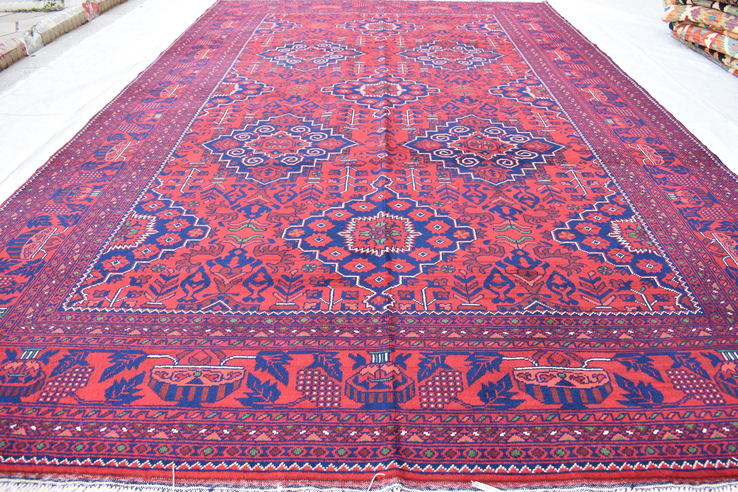 Bukhara Handmade Afghan Wool Rug - Traditional Tribal Geometric Carpet - 10.10x6.8 ft - Red & Blue Oriental Design - Large Living Room Rug