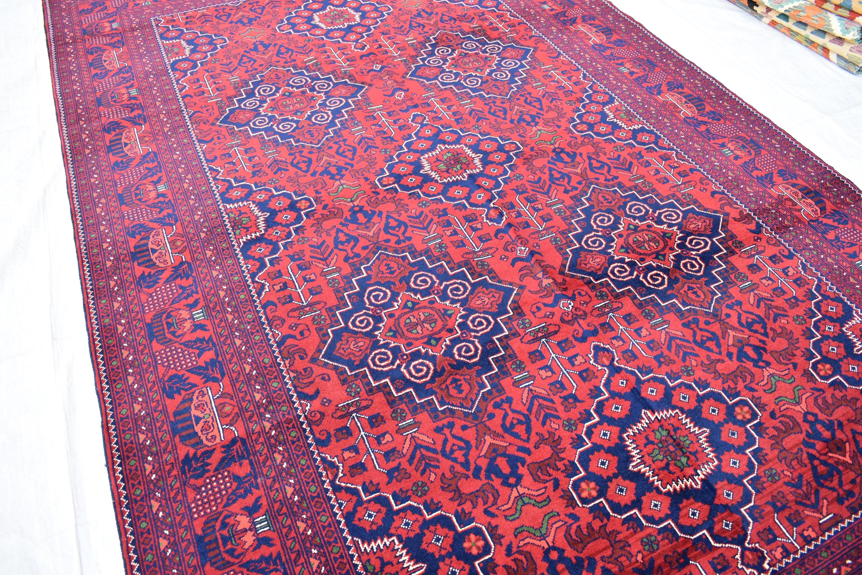 Bukhara Handmade Afghan Wool Rug - Traditional Tribal Geometric Carpet - 10.10x6.8 ft - Red & Blue Oriental Design - Large Living Room Rug