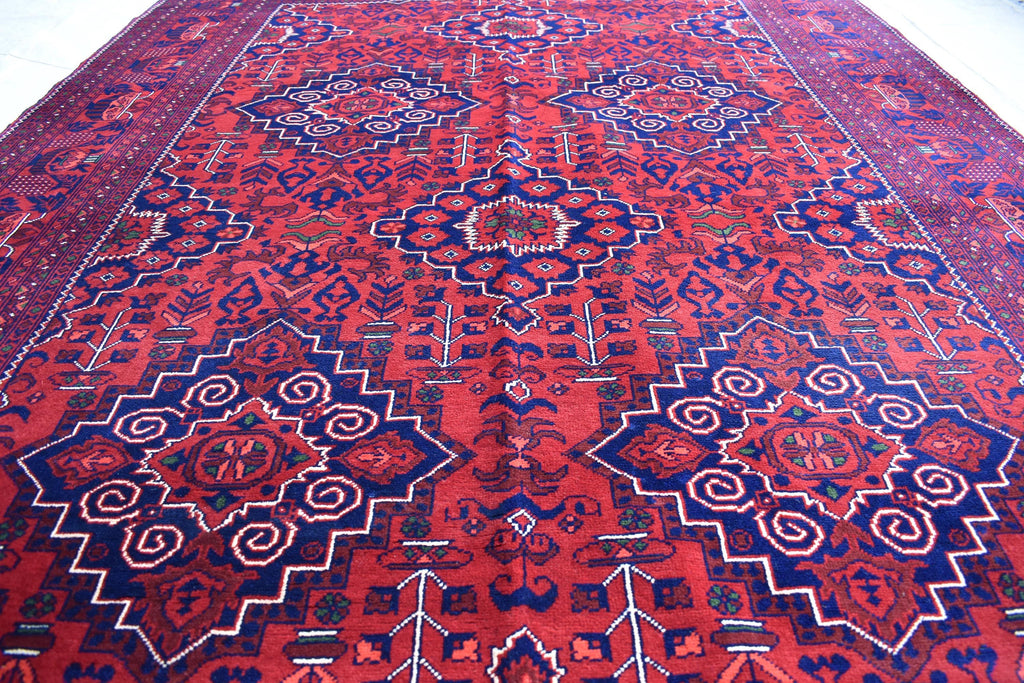Bukhara Handmade Afghan Wool Rug - Traditional Tribal Geometric Carpet - 10.10x6.8 ft - Red & Blue Oriental Design - Large Living Room Rug