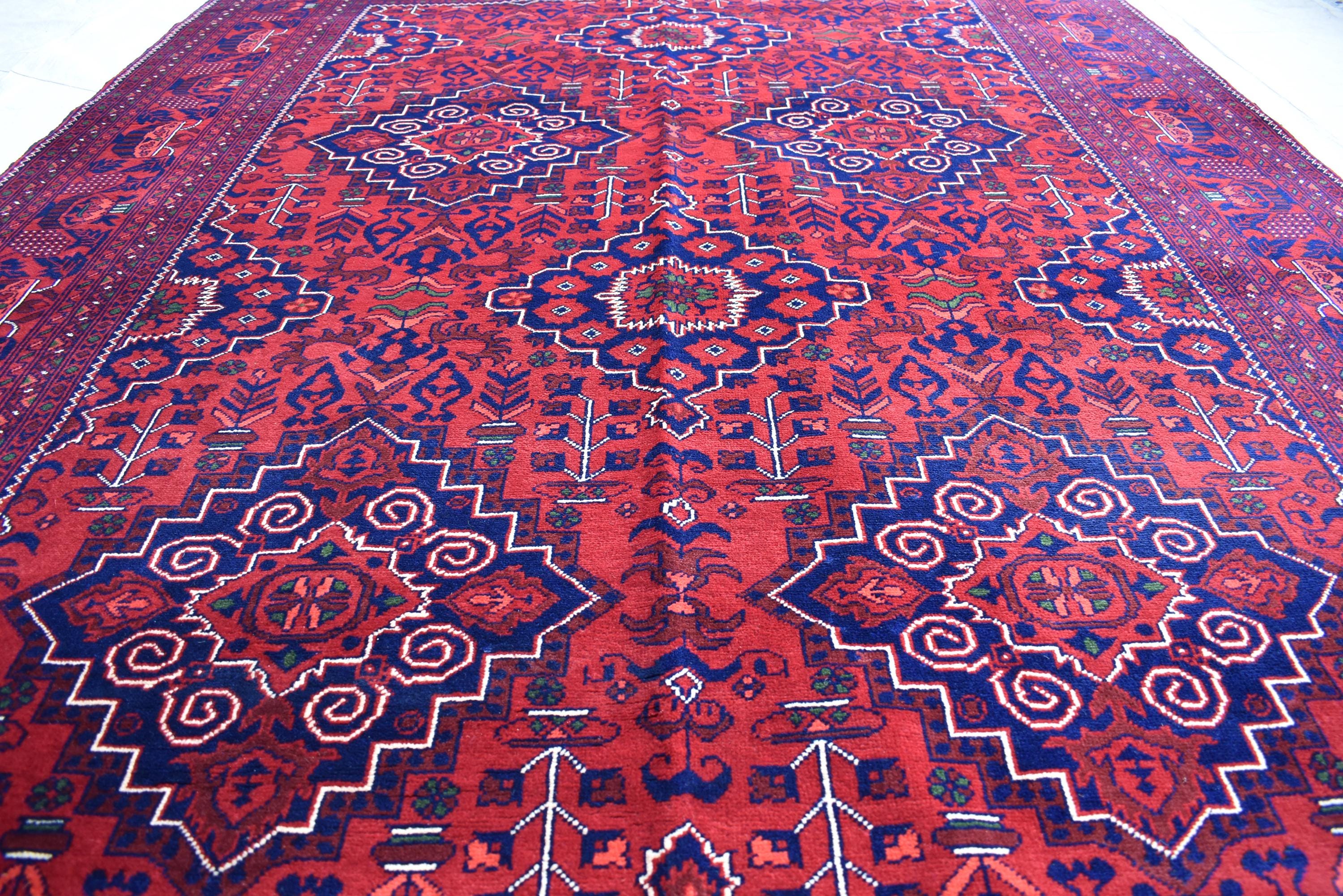 Bukhara Handmade Afghan Wool Rug - Traditional Tribal Geometric Carpet - 10.10x6.8 ft - Red & Blue Oriental Design - Large Living Room Rug