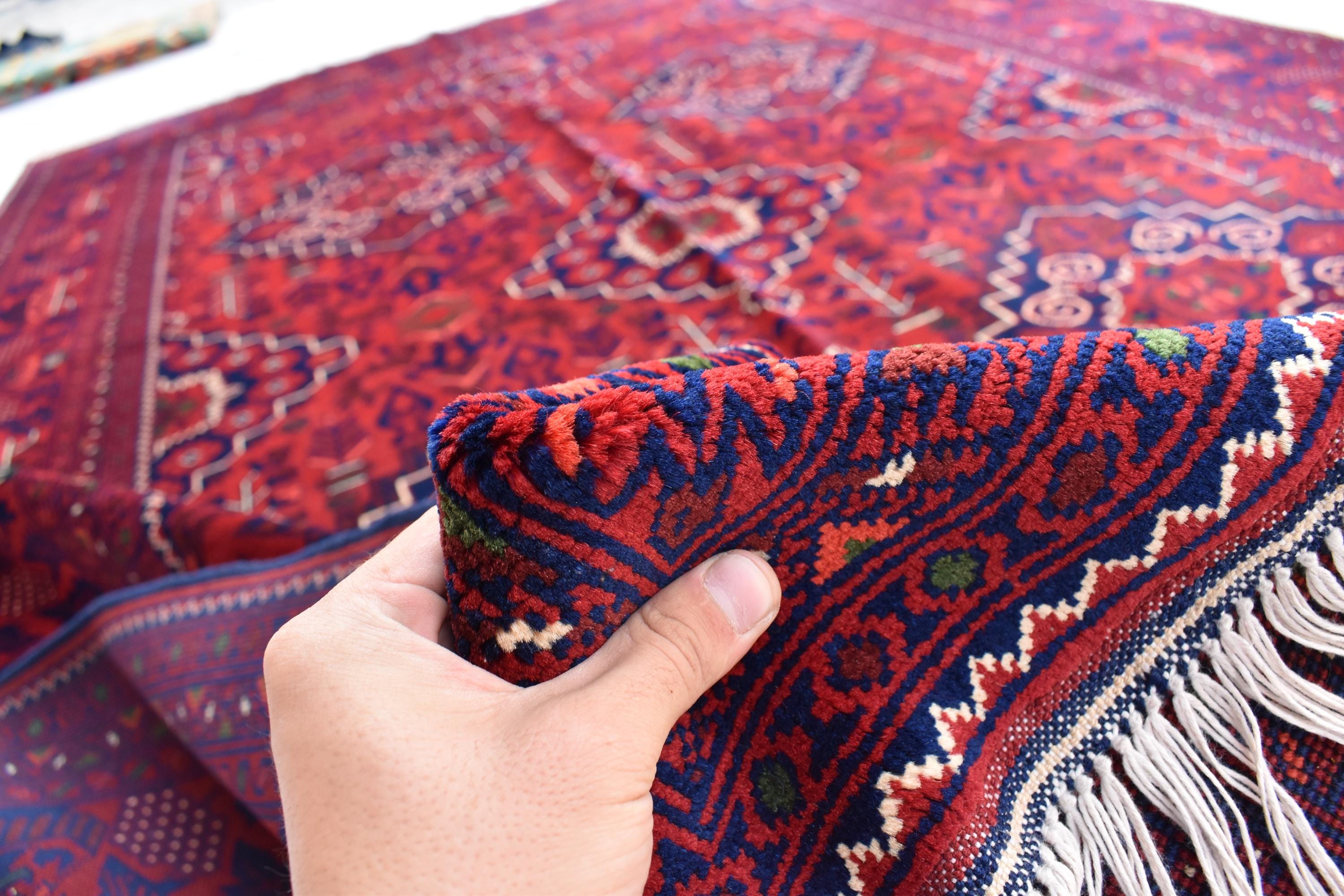 Bukhara Handmade Afghan Wool Rug - Traditional Tribal Geometric Carpet - 10.10x6.8 ft - Red & Blue Oriental Design - Large Living Room Rug