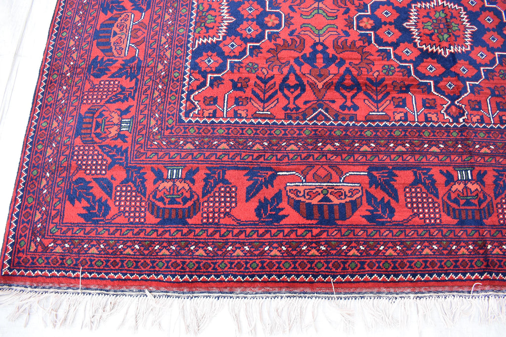 Bukhara Handmade Afghan Wool Rug - Traditional Tribal Geometric Carpet - 10.10x6.8 ft - Red & Blue Oriental Design - Large Living Room Rug
