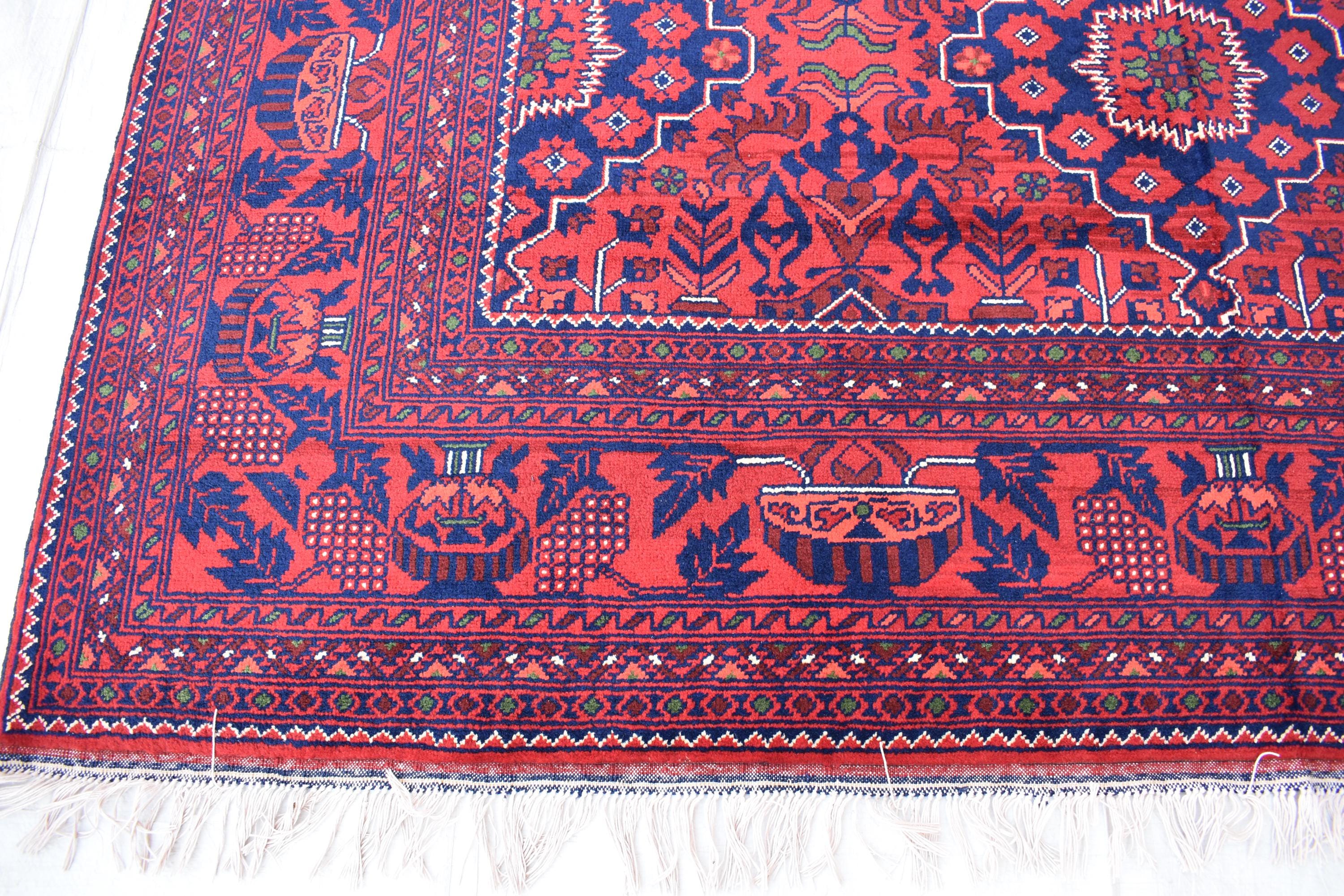 Bukhara Handmade Afghan Wool Rug - Traditional Tribal Geometric Carpet - 10.10x6.8 ft - Red & Blue Oriental Design - Large Living Room Rug