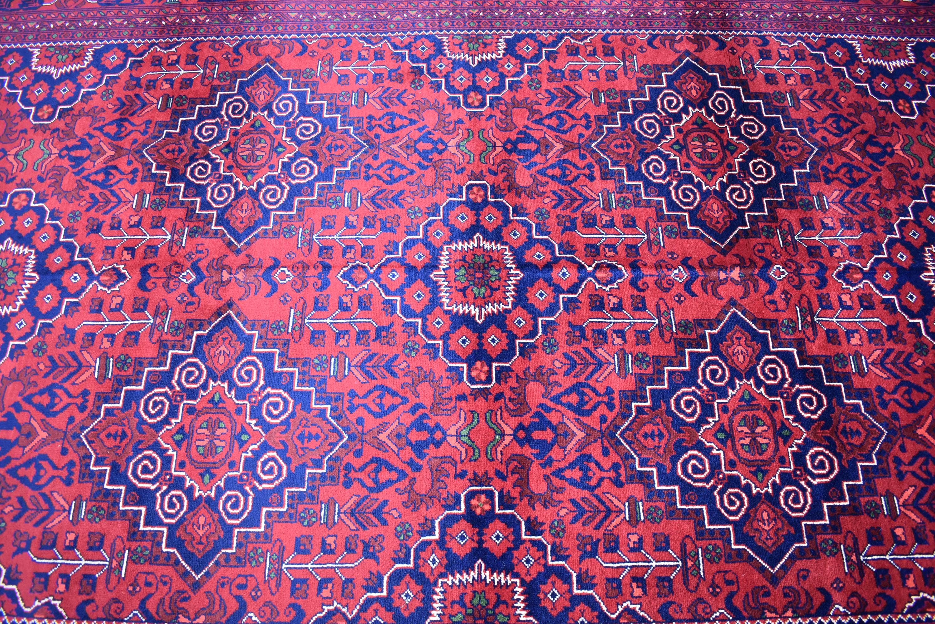 Bukhara Handmade Afghan Wool Rug - Traditional Tribal Geometric Carpet - 10.10x6.8 ft - Red & Blue Oriental Design - Large Living Room Rug
