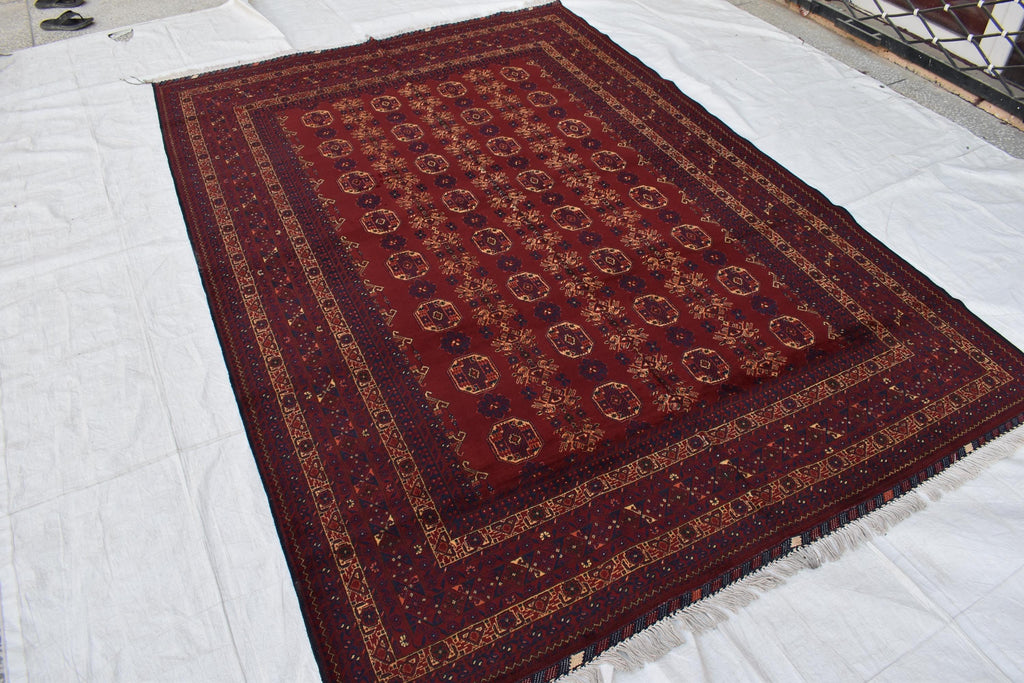 Waziri Vintage Handmade Afghan Carpet 9.11 x 6.9 ft – Natural Wool Rug with Traditional Patterns, Living room Rug, Bedroom Rug