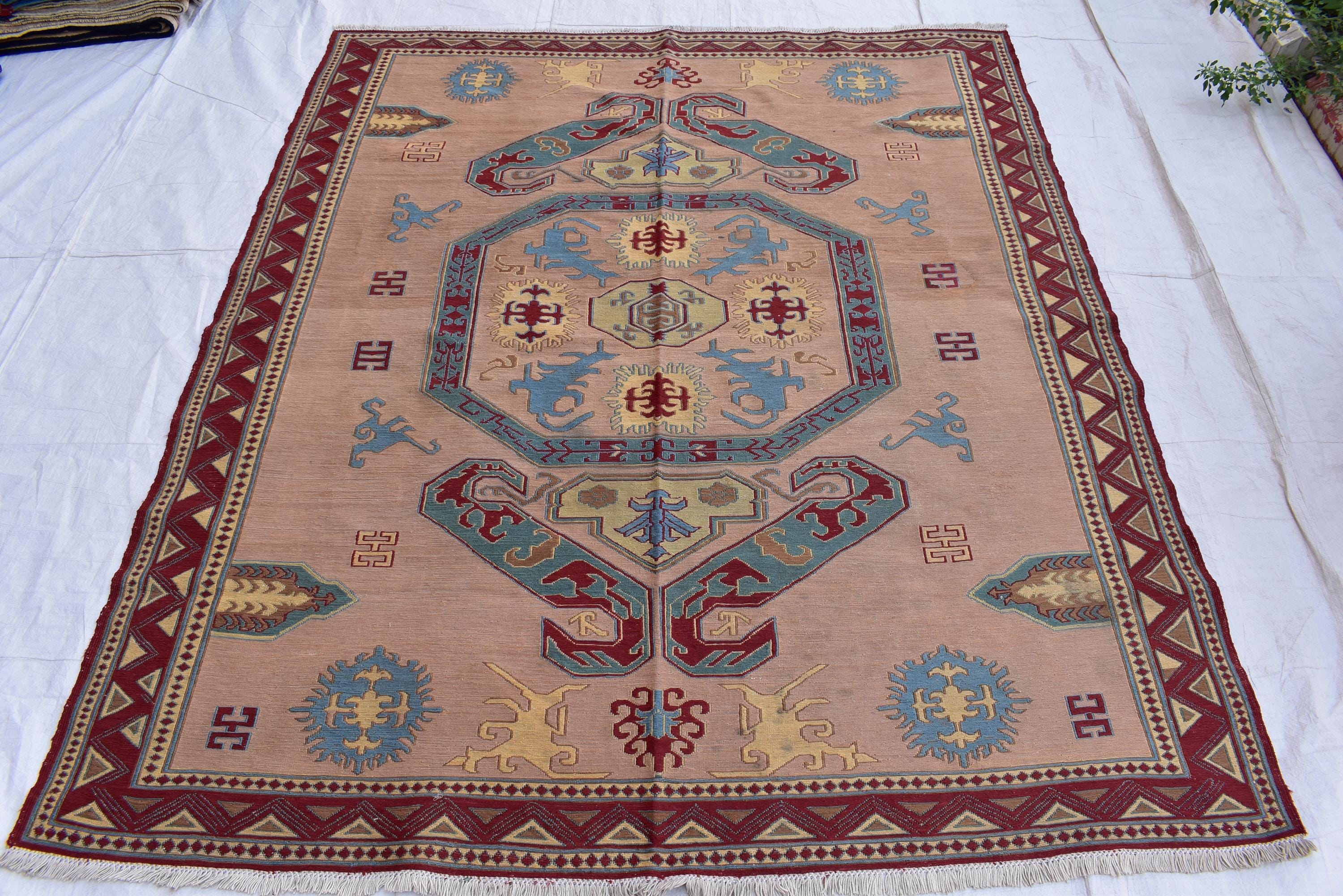 6x7 Vintage SUMAK GILAM | Handwoven Afghan Kilim Rug for Living Spaces | Boho Home Decor, Rug for Living Room, Bedroom Rug, 6.7x5.7 ft