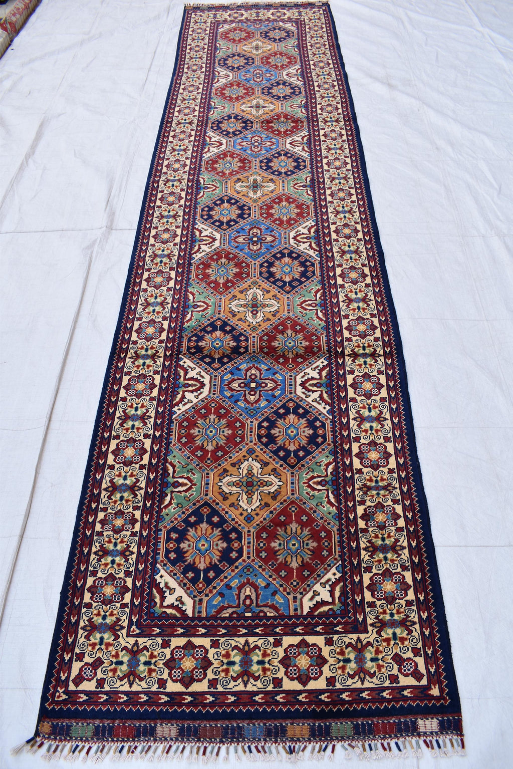 Handwoven Kashi Runner Rug - 13x3 ft | Authentic Afghan Carpet for Hallway, Traditional tribal runner, Entryway Rug, Rustic Hallway Rug