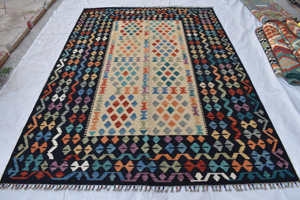 Handmade Kilim Chobi Rug - 9.8x6.8 ft | Traditional Afghan Carpet for Living Rooms | Farm House Rug | Bedroom Rug