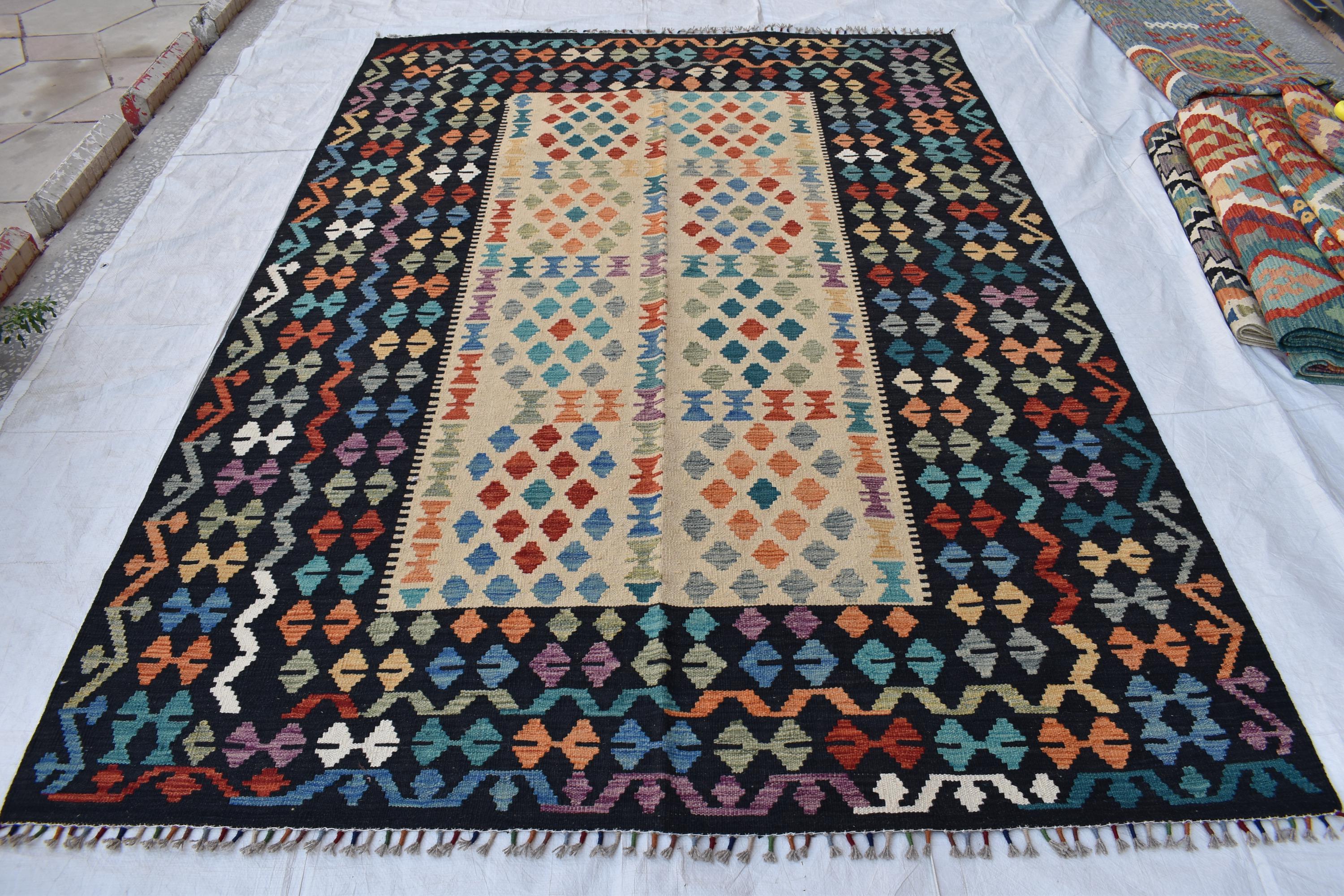 Handmade Kilim Chobi Rug - 9.8x6.8 ft | Traditional Afghan Carpet for Living Rooms | Farm House Rug | Bedroom Rug