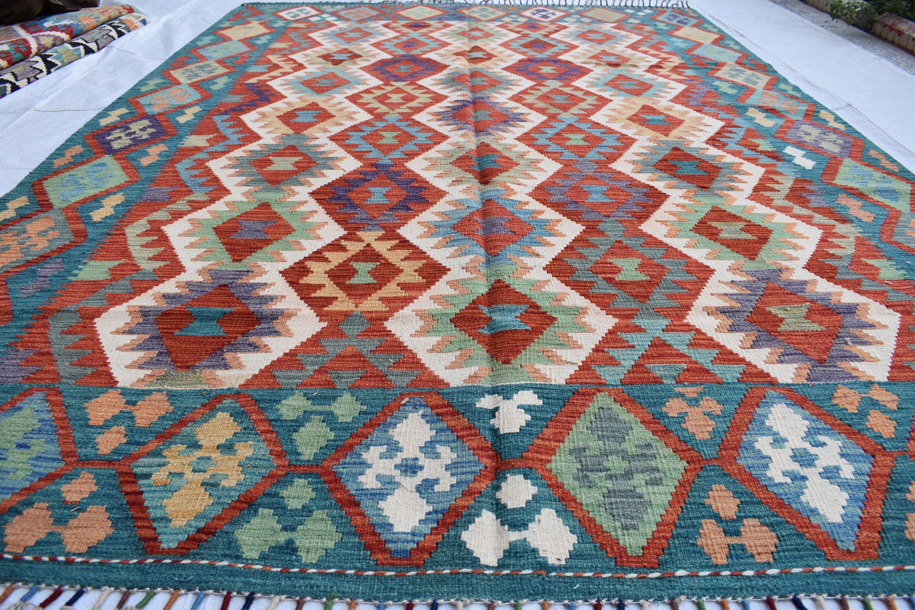 Vintage Tribal Afghan Kilim - 9.7 x 6.8 ft | Handwoven Wool Rug with Authentic Boho Design | Living Room Rug | Farm House Rug
