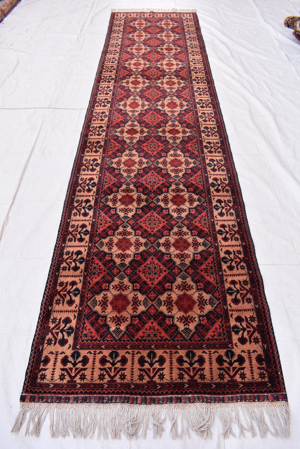Tribal Yousafi Runner Rug - 12.9 x 3 ft | Handwoven Afghan Wool Carpet with Geometric Patterns | Hallway Runner | Entryway Rug