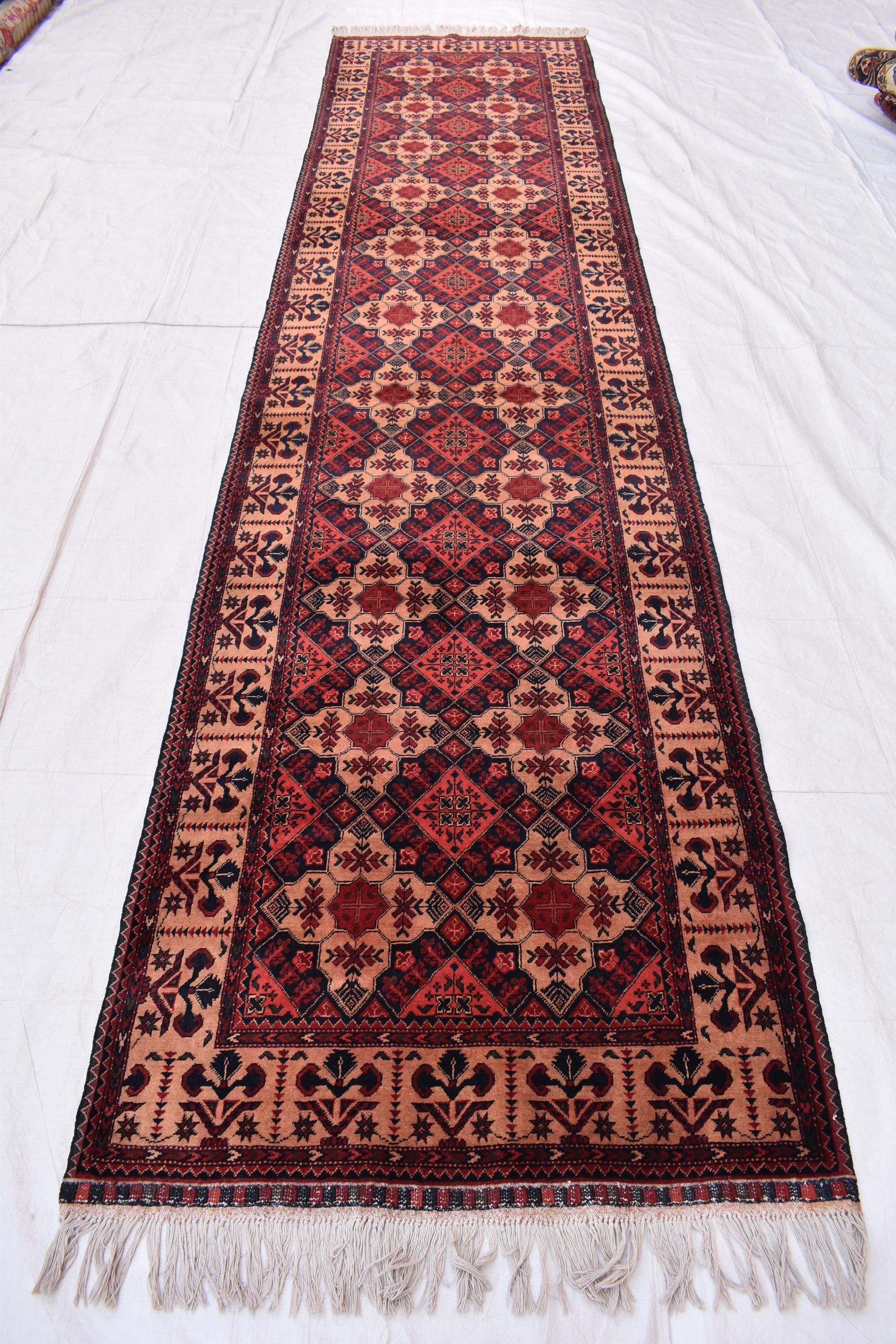 Tribal Yousafi Runner Rug - 12.9 x 3 ft | Handwoven Afghan Wool Carpet with Geometric Patterns | Hallway Runner | Entryway Rug