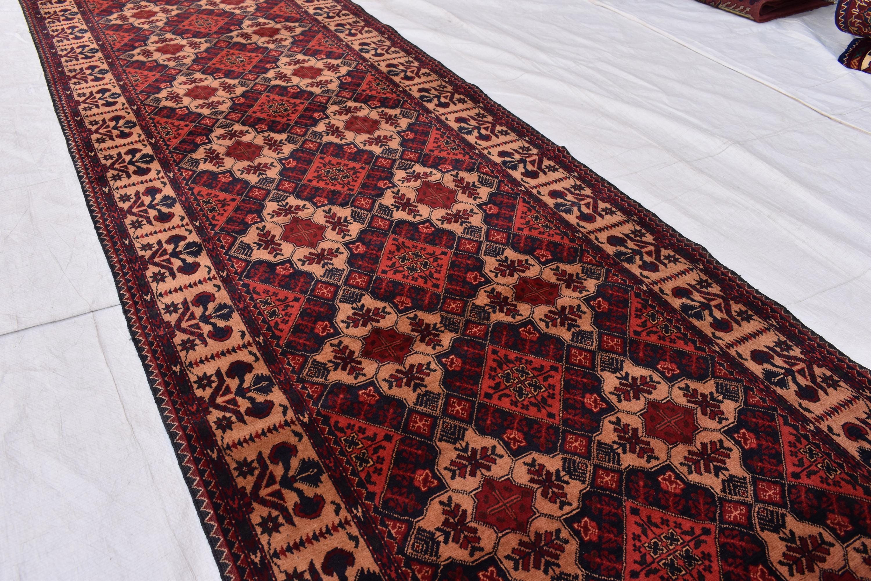 Tribal Yousafi Runner Rug - 12.9 x 3 ft | Handwoven Afghan Wool Carpet with Geometric Patterns | Hallway Runner | Entryway Rug
