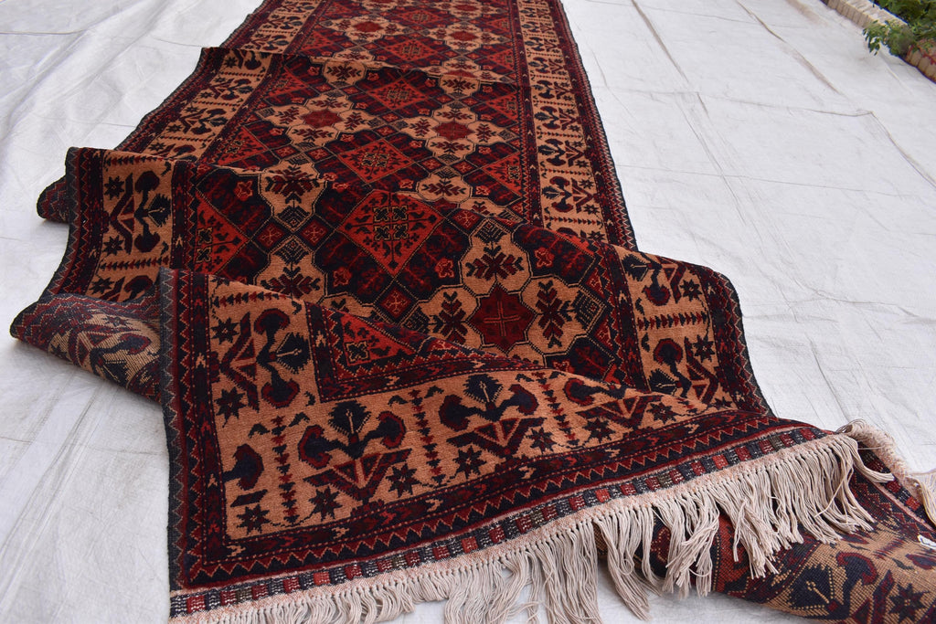 Tribal Yousafi Runner Rug - 12.9 x 3 ft | Handwoven Afghan Wool Carpet with Geometric Patterns | Hallway Runner | Entryway Rug