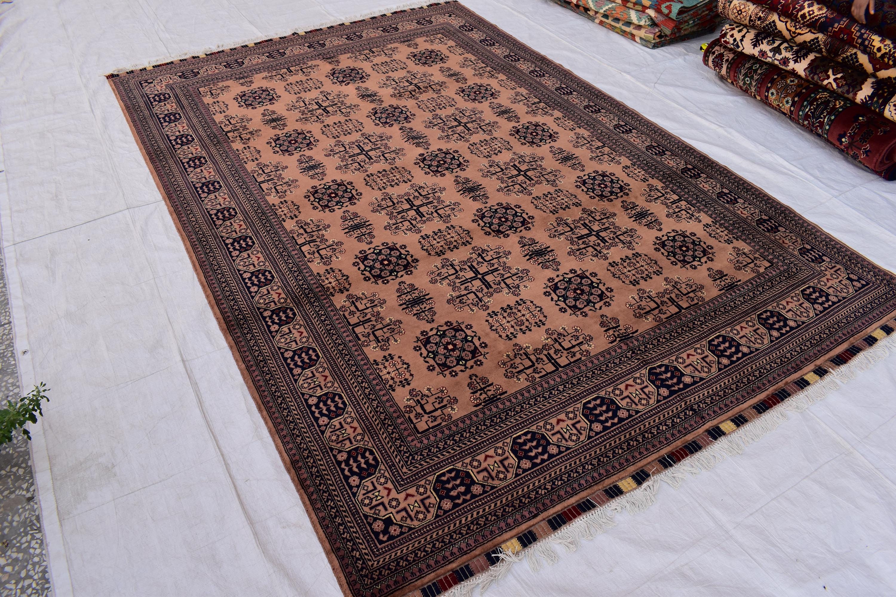 Gorgeous Bukhara Handmade Carpet - 10.2 x 6.7 ft | Authentic Afghan Wool Rug with Traditional Design | Living Room Rug | Office Rug