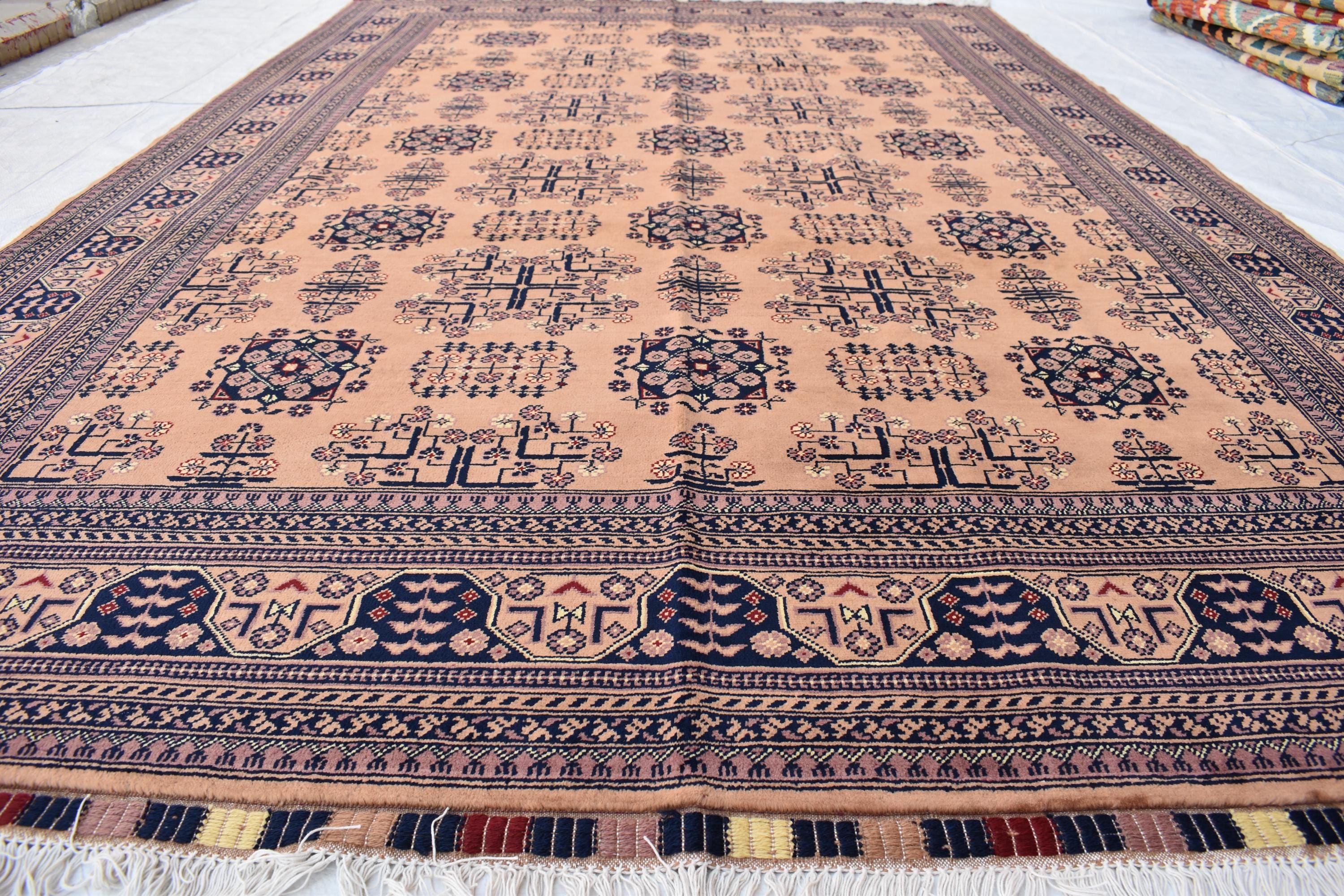 Gorgeous Bukhara Handmade Carpet - 10.2 x 6.7 ft | Authentic Afghan Wool Rug with Traditional Design | Living Room Rug | Office Rug