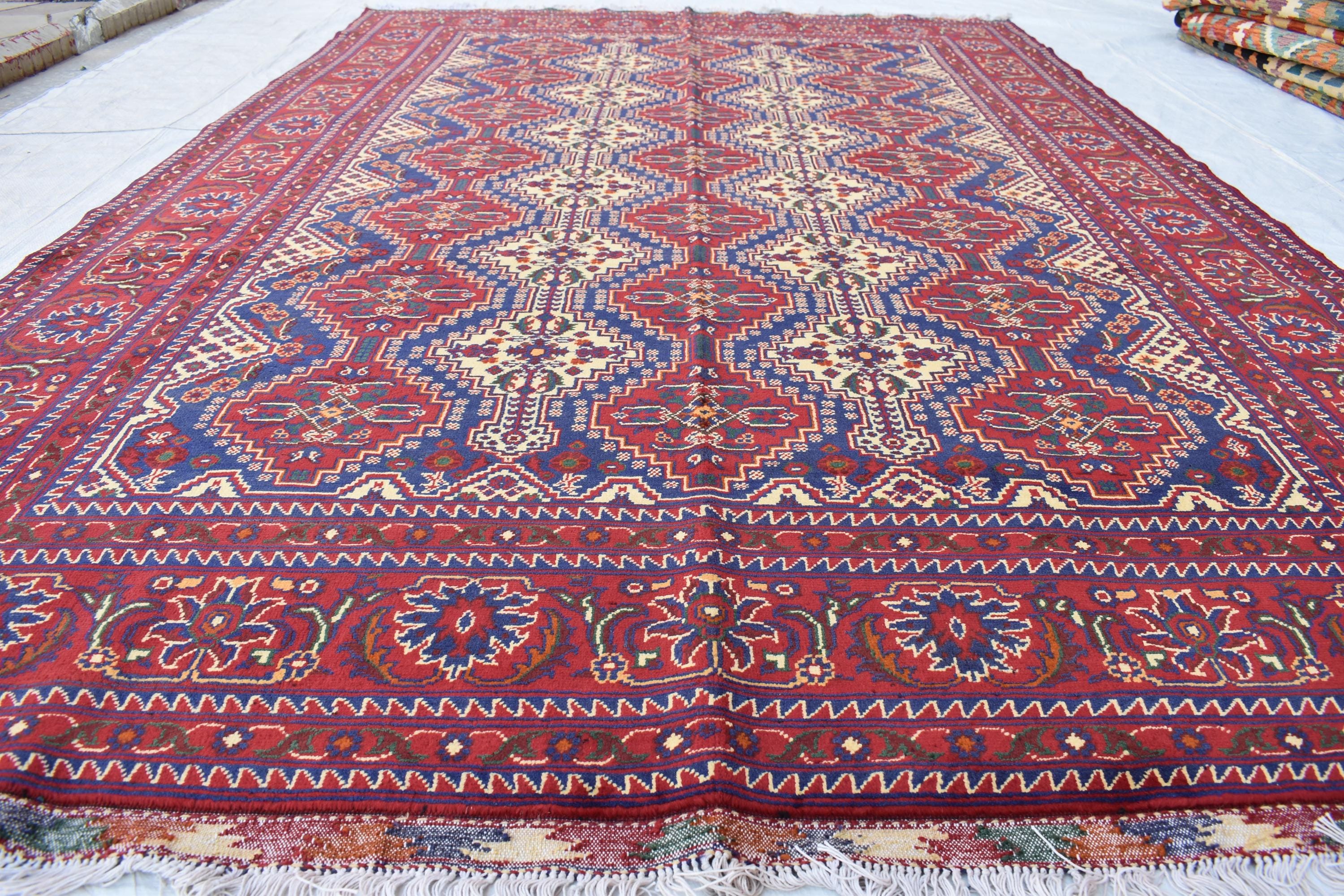 Handwoven Yousafi Tribal Afghan Carpet – 10 x 6.7 ft – Authentic Wool Rug with Traditional Motifs