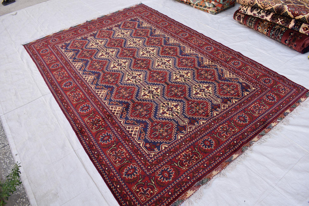 Handwoven Yousafi Tribal Afghan Carpet – 10 x 6.7 ft – Authentic Wool Rug with Traditional Motifs