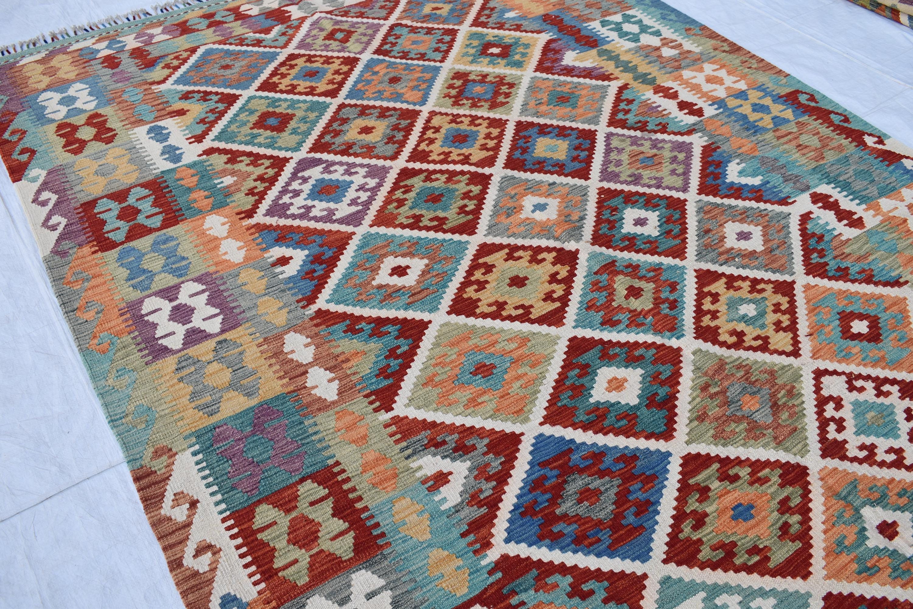 Handwoven Tribal Tradition Afghan Gilam – 9.8x6.9 ft Wool Rug, Authentic Nomadic Design | Farm House Rug | Living Room Rug
